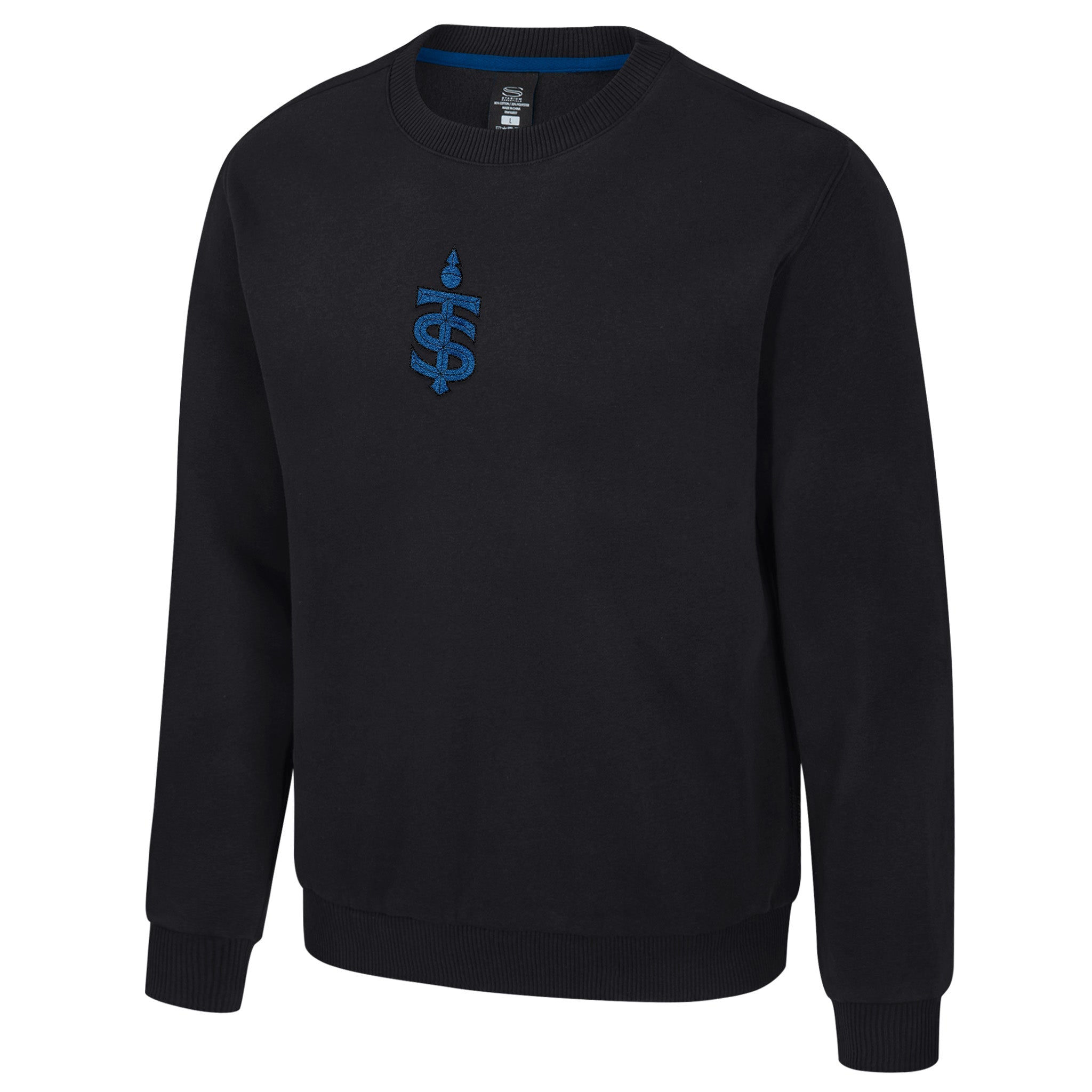 Black sweatshirt with a blue logo on a white background