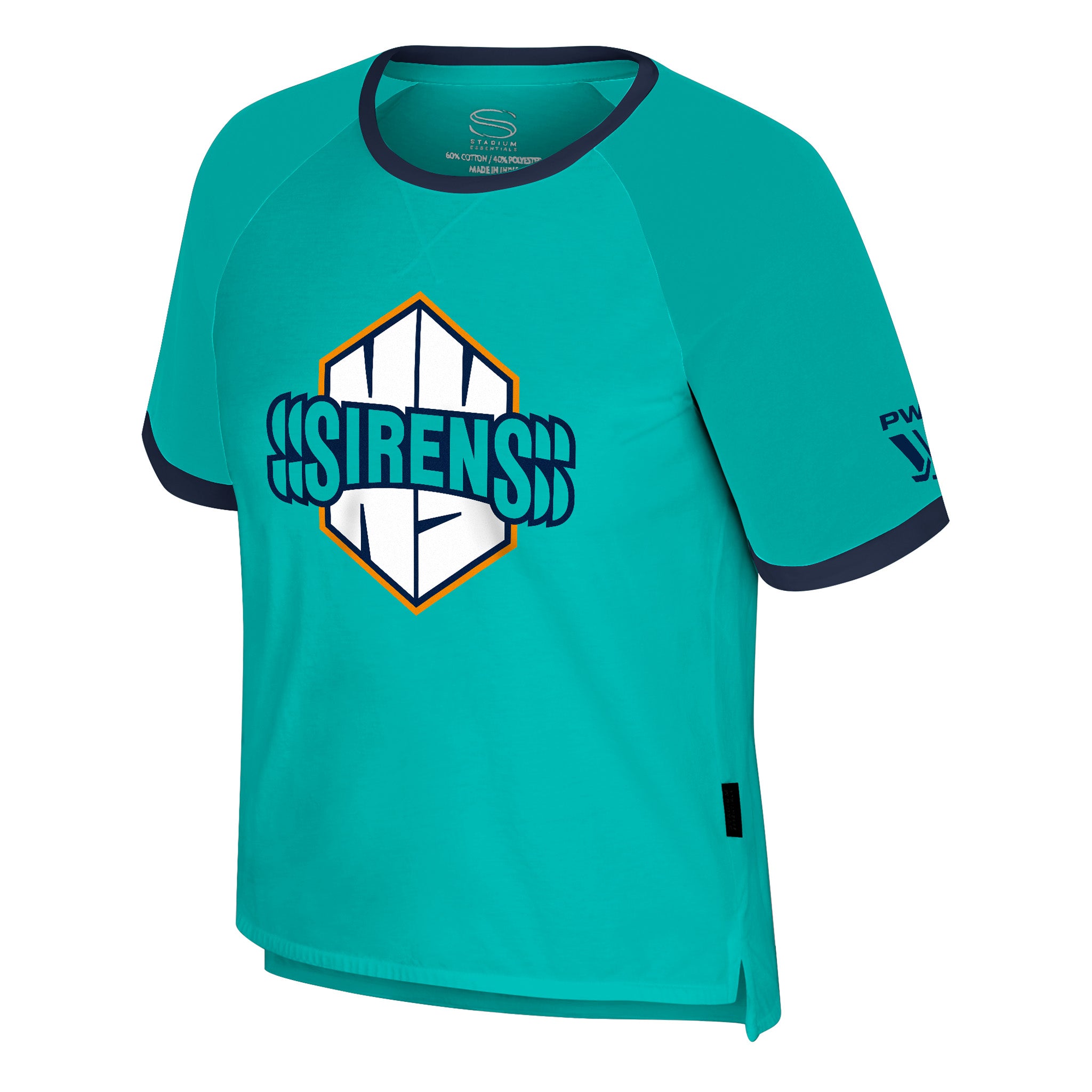 Teal t-shirt with a logo on a white background