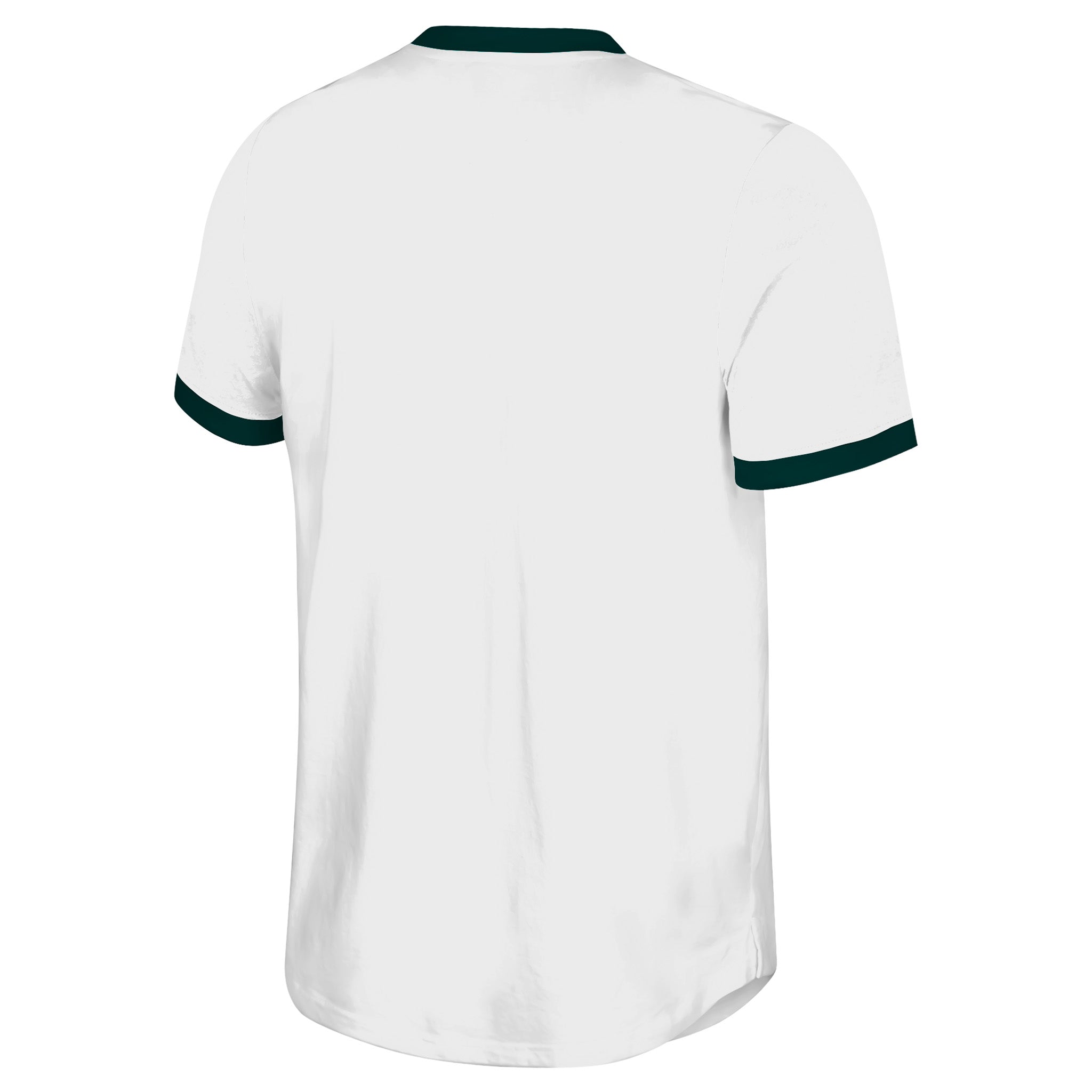 White t-shirt with green trim on a white background