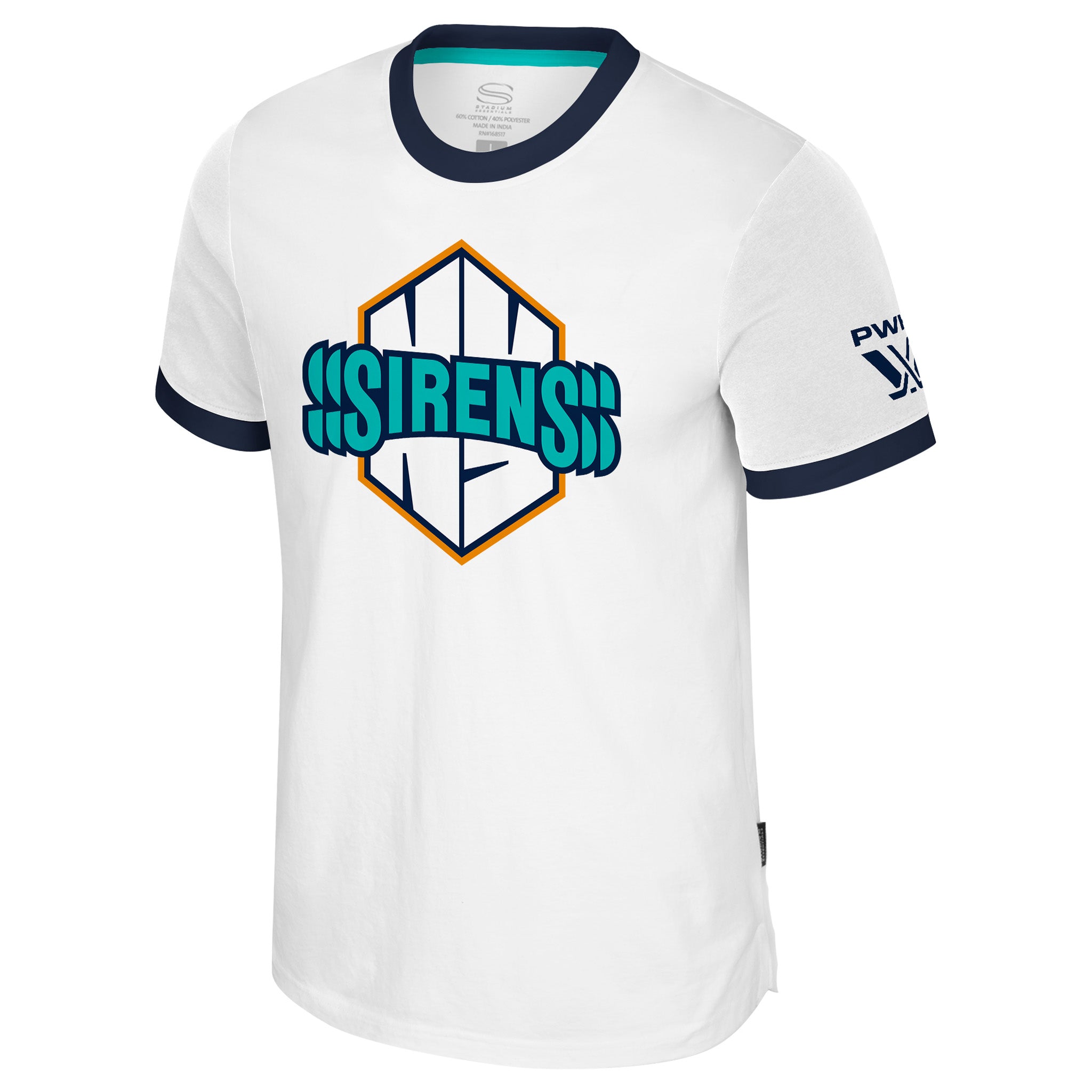 White t-shirt with 'Sirens' logo on a white background