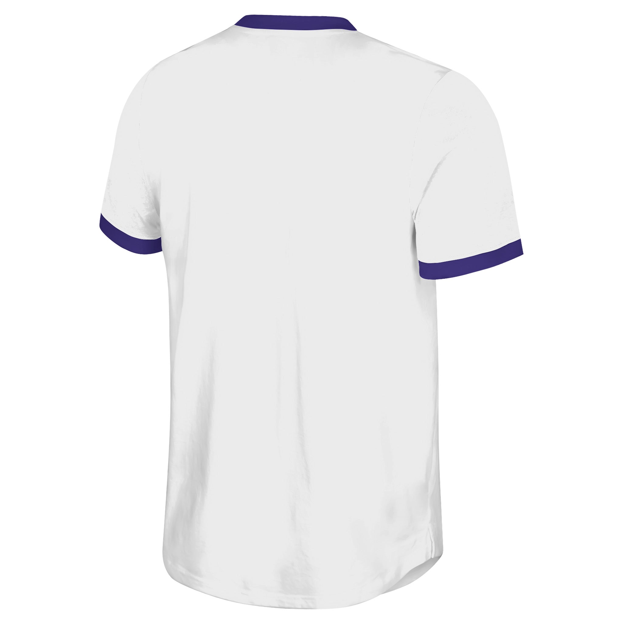 White t-shirt with purple trim on a white background