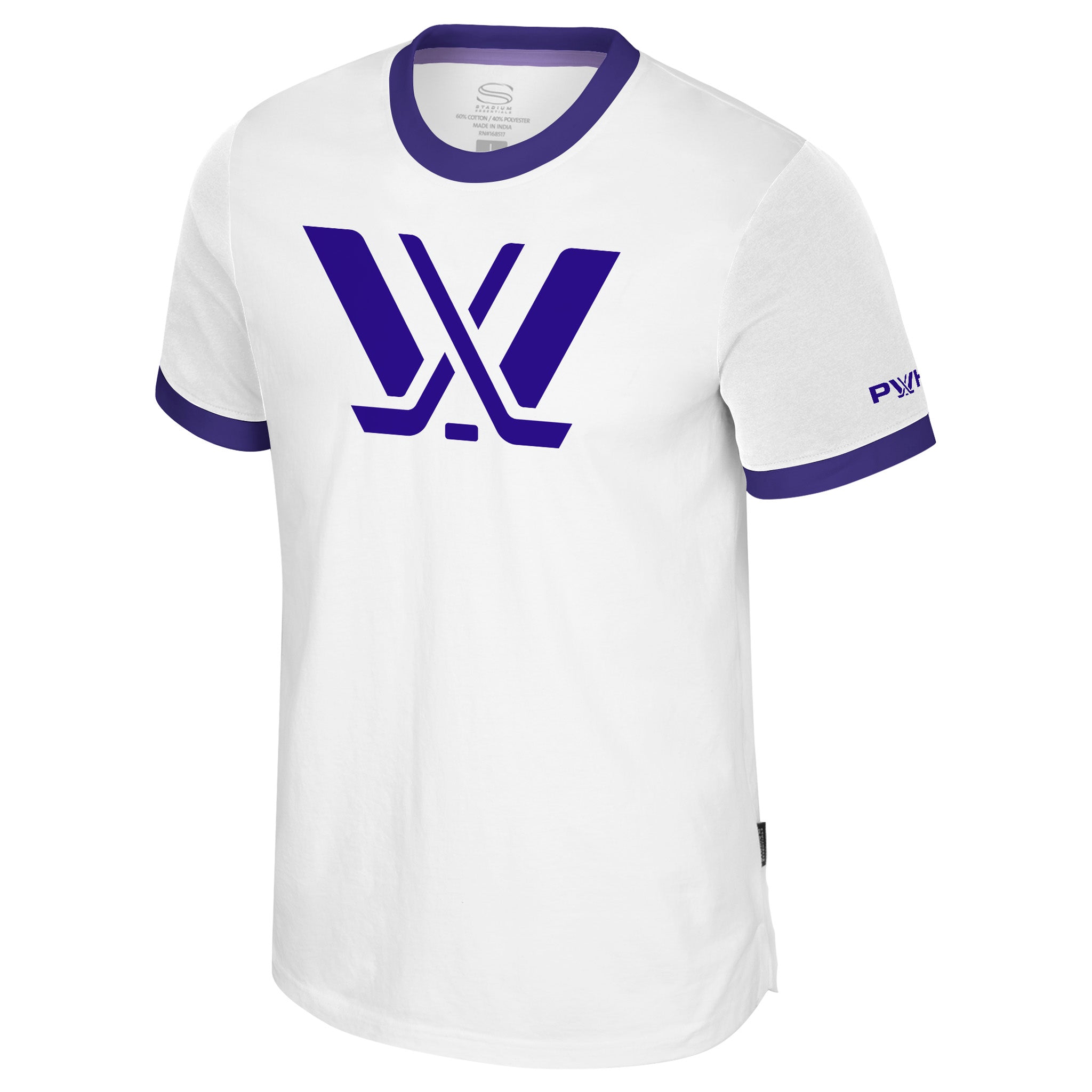 White t-shirt with purple accents and logo on a white background