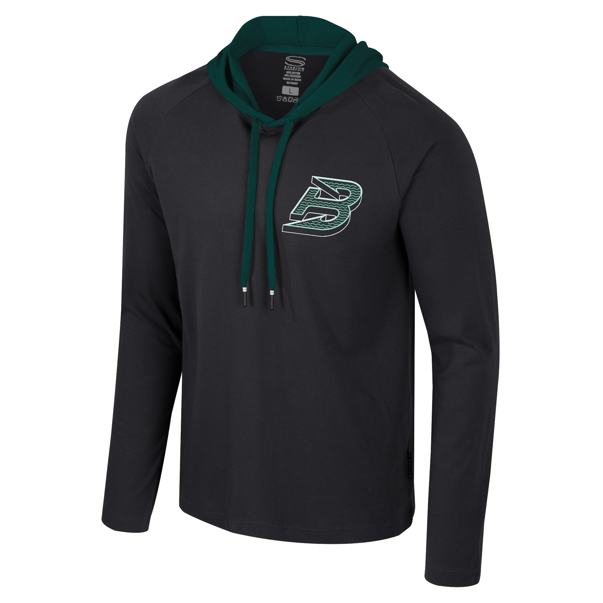 Black long-sleeve shirt with green hood and logo on a white background