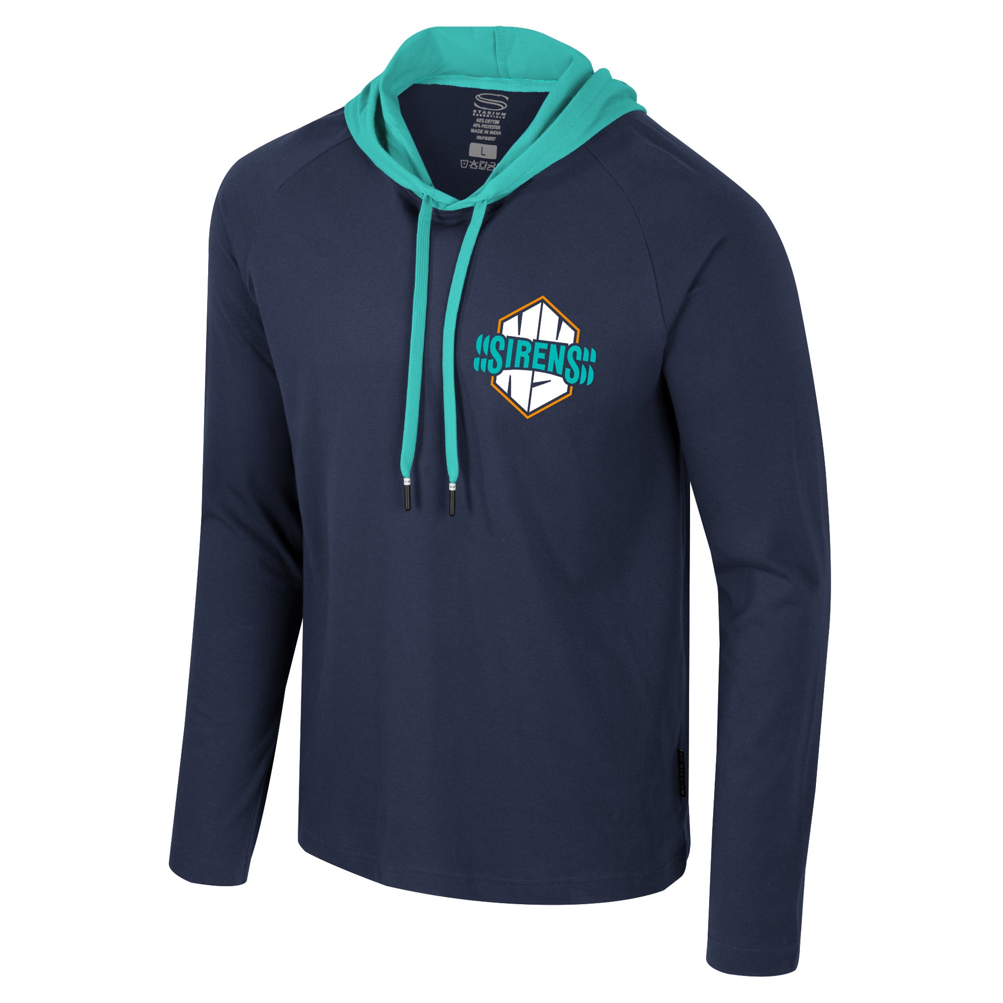 Navy hoodie with teal drawstrings and a logo on a white background
