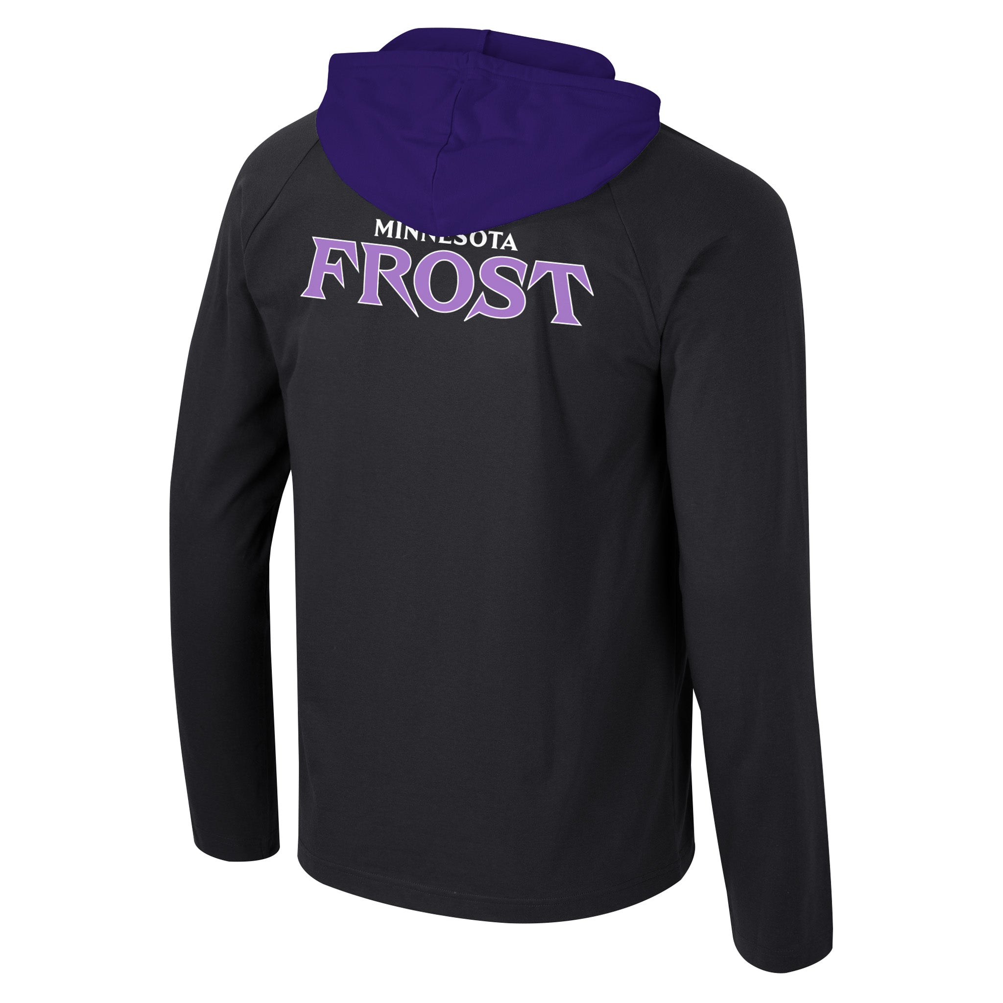 Black hoodie with purple hood and 'Minnesota Frost' text on the back, on a white background