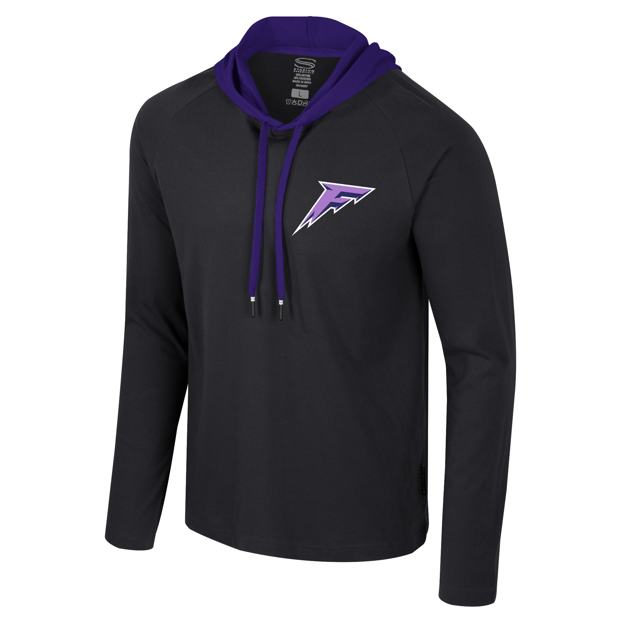 Black hoodie with purple drawstrings and logo on a white background