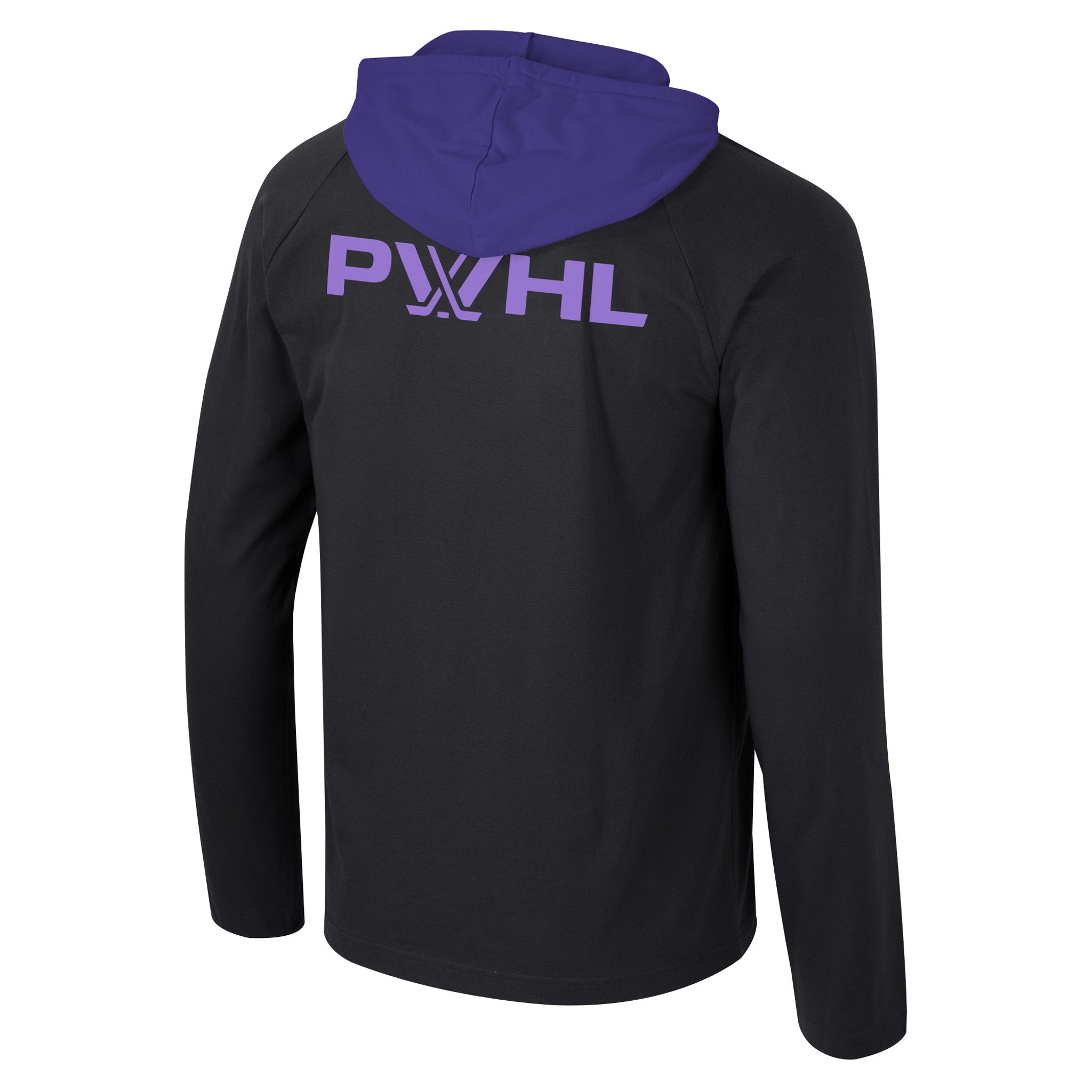 Black hoodie with purple hood and 'PYHL' logo on the back against a white background