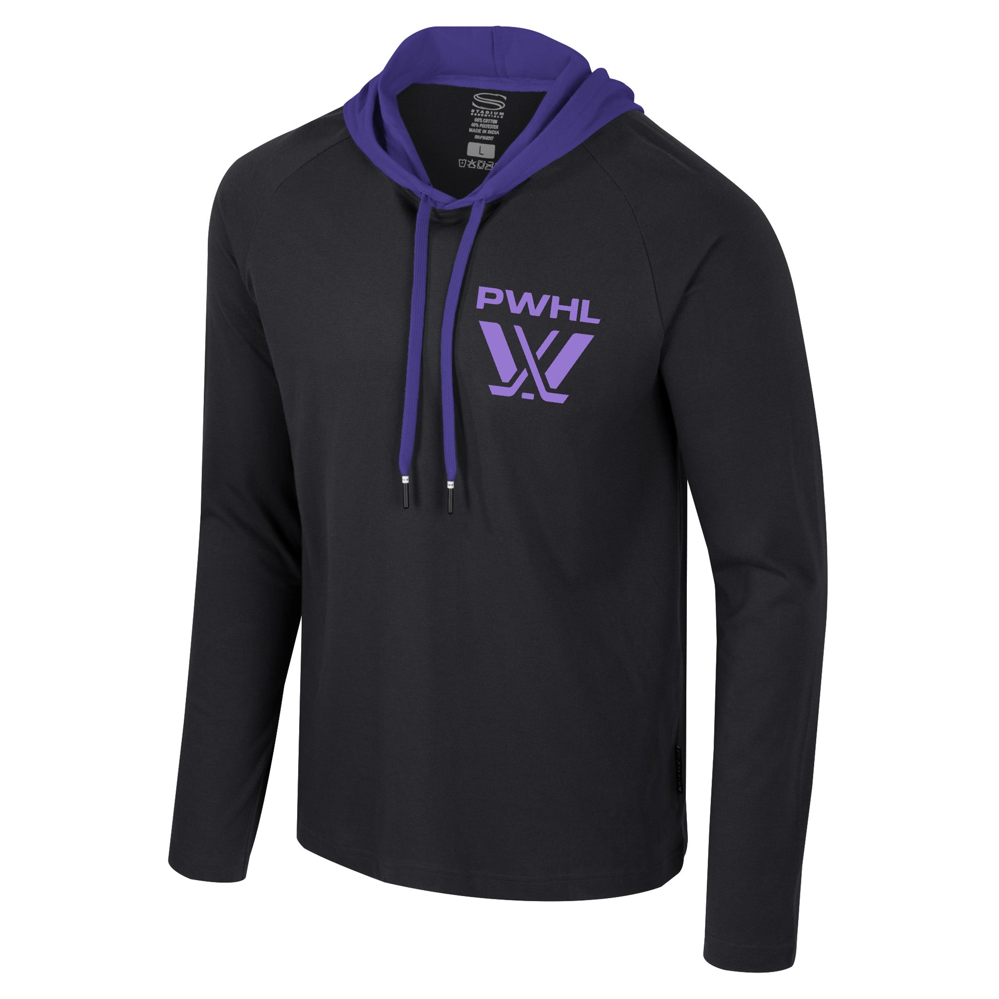 Black hoodie with purple drawstrings and logo on a white background