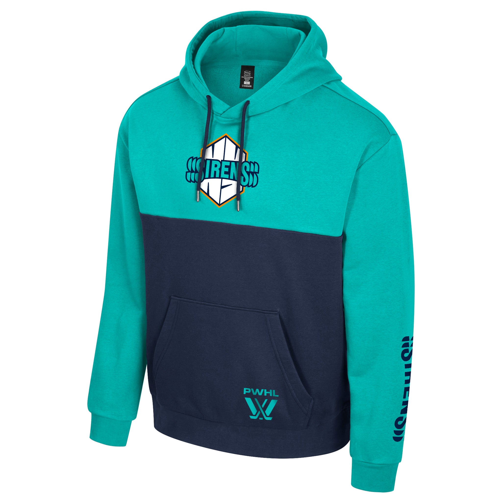 Two-tone teal and navy hoodie with logo on a white background