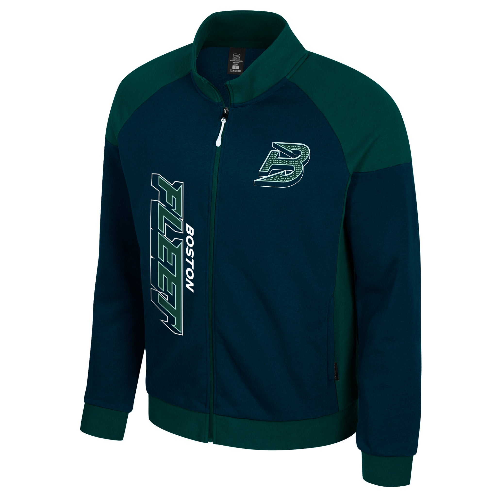 Green and navy jacket with 'Boston' branding on a white background