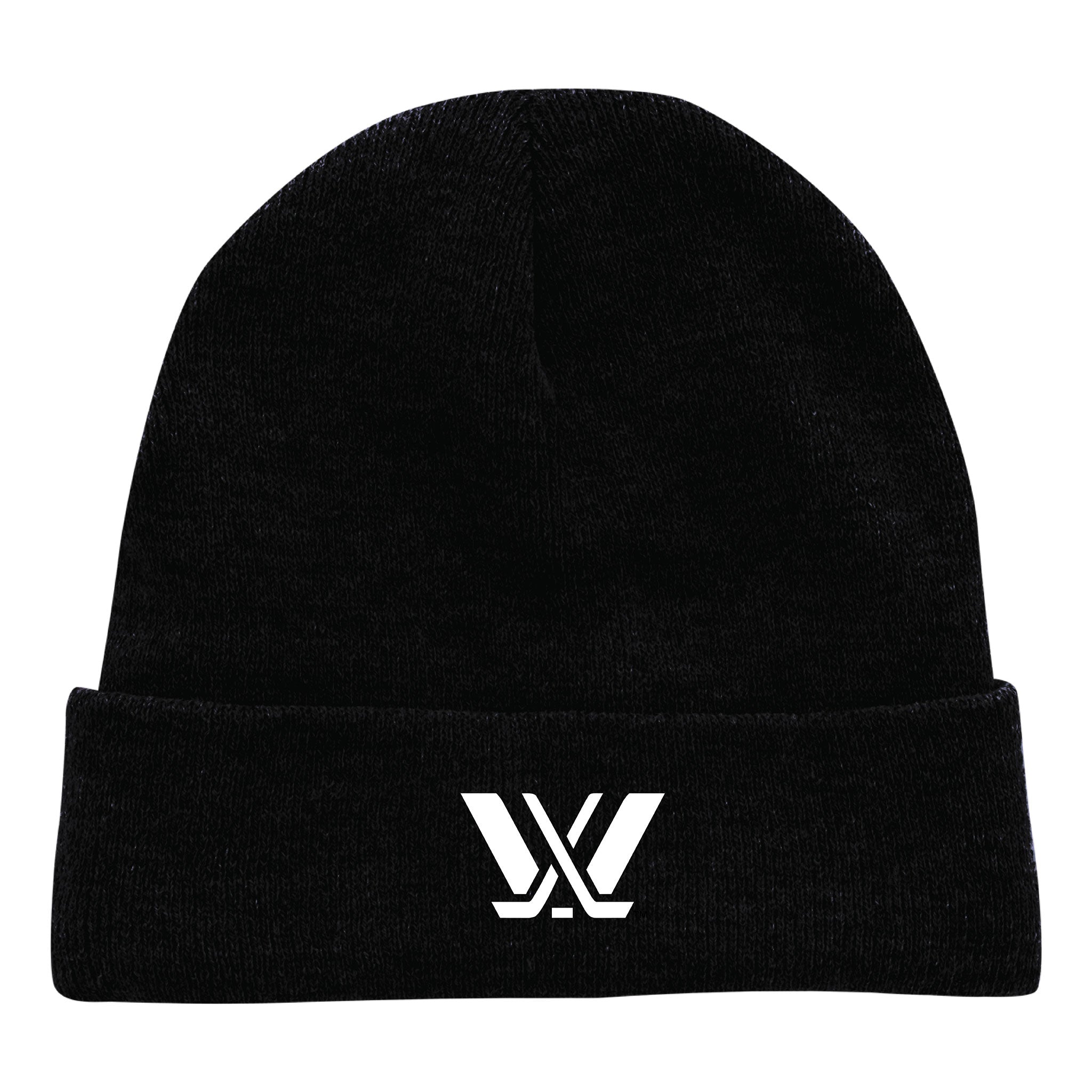 A black knit beanie hat with a white embroidered stylized 'W' logo on the front of the folded cuff, shown against a plain white background.