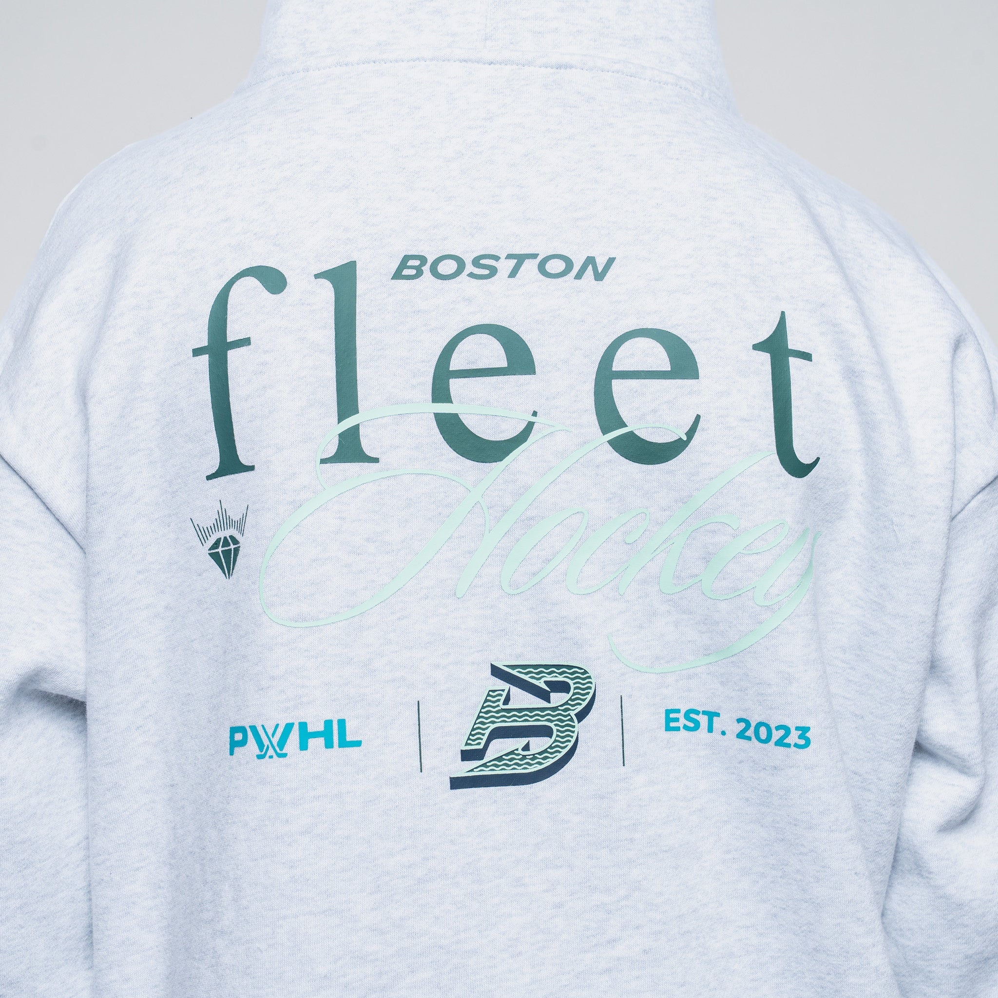 Light gray hoodie with 'Boston Fleet' text and logos on a plain background