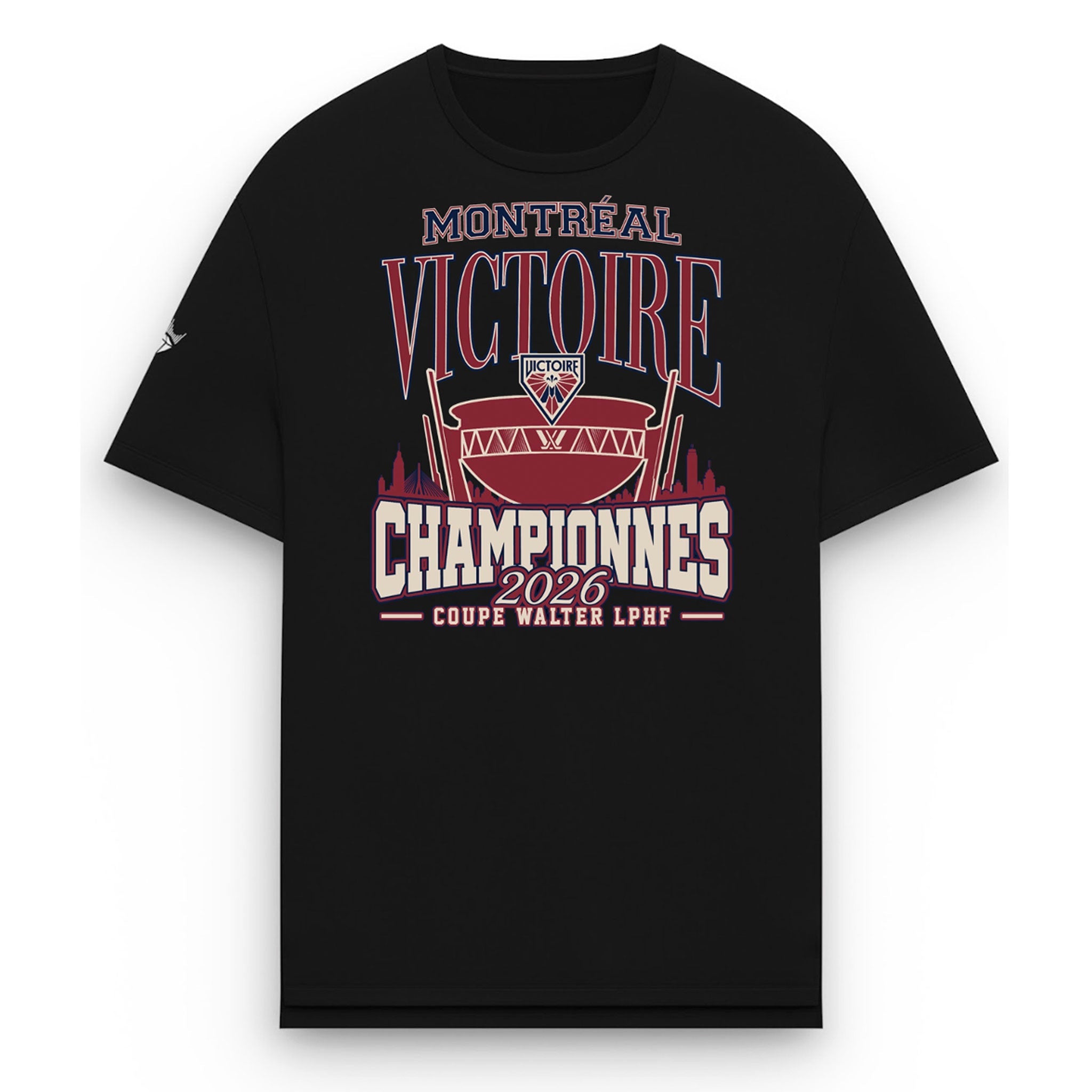 Black t-shirt with red and white text and graphics on a white background