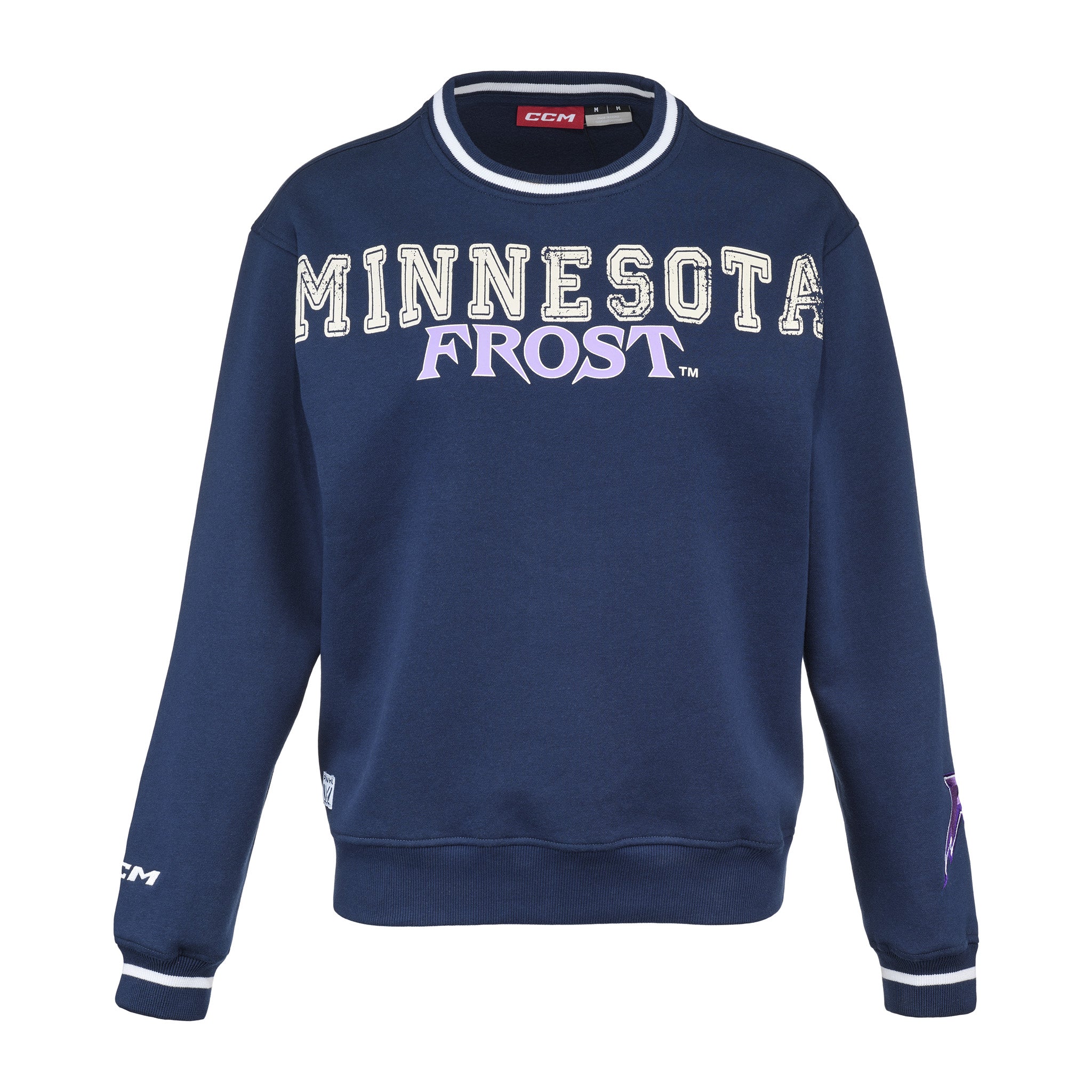 Navy blue sweatshirt with 'Minnesota Frost' text on a white background