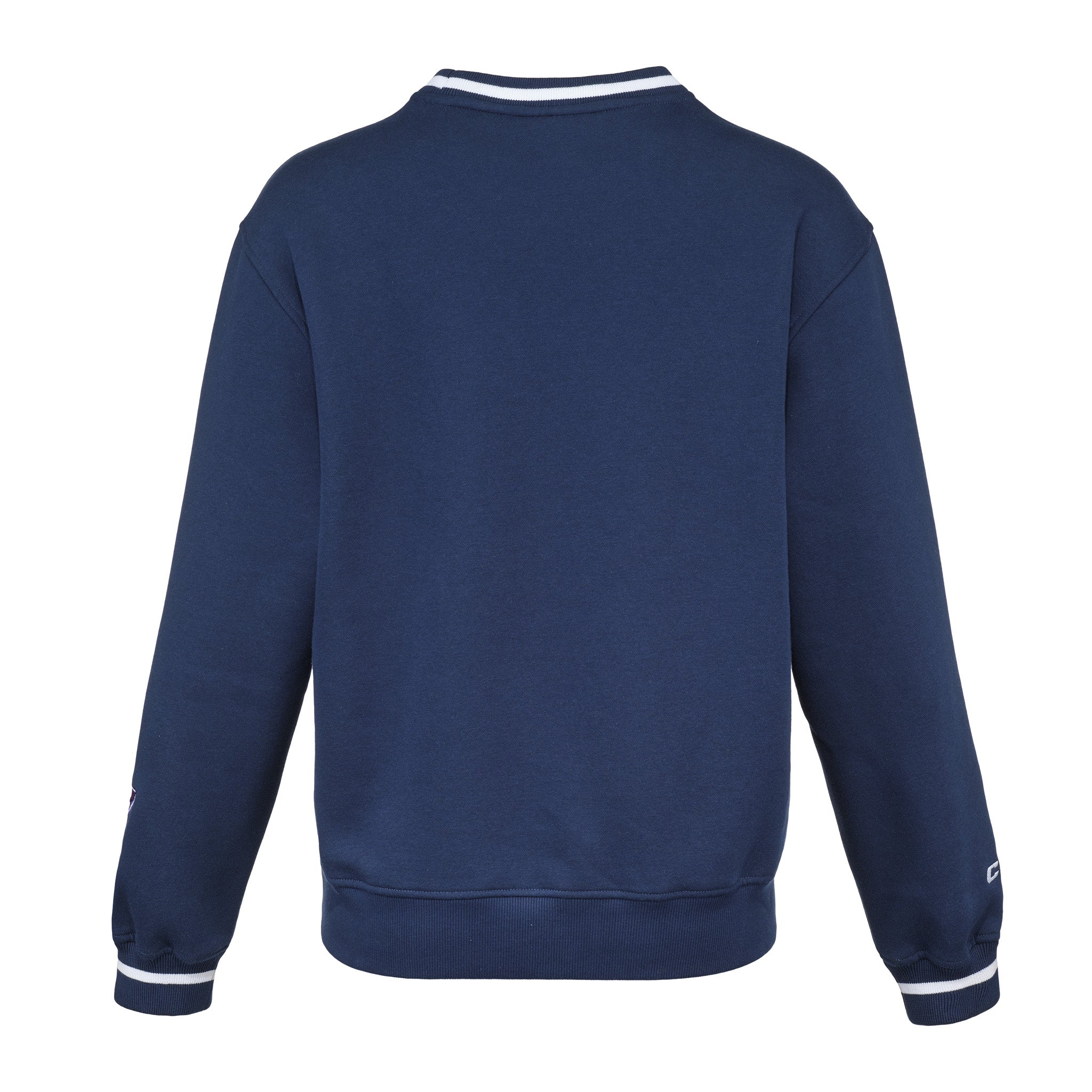 Navy blue sweatshirt with white trim on a white background