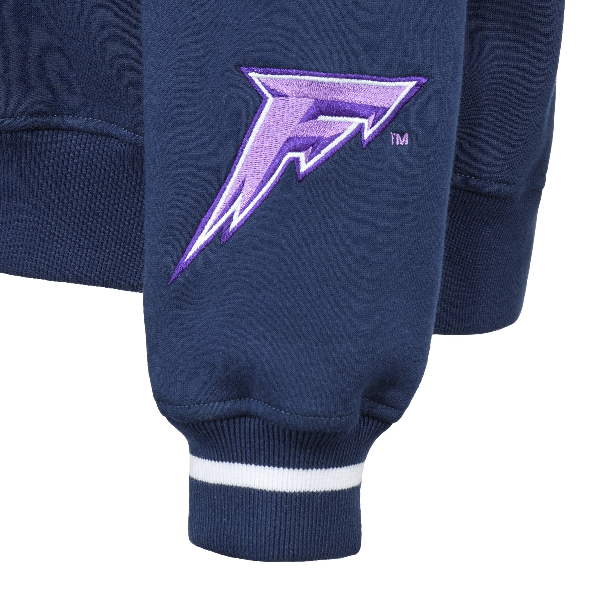 Navy blue jacket with a purple logo on a white background