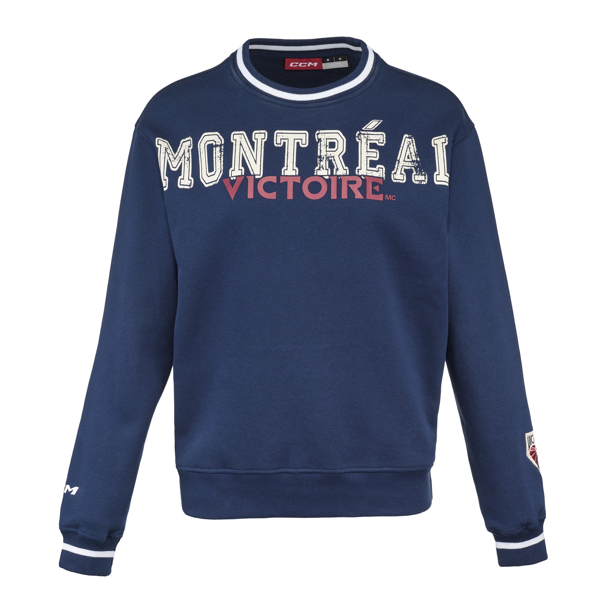 Navy blue sweatshirt with 'Montreal Victoire' text on a white background