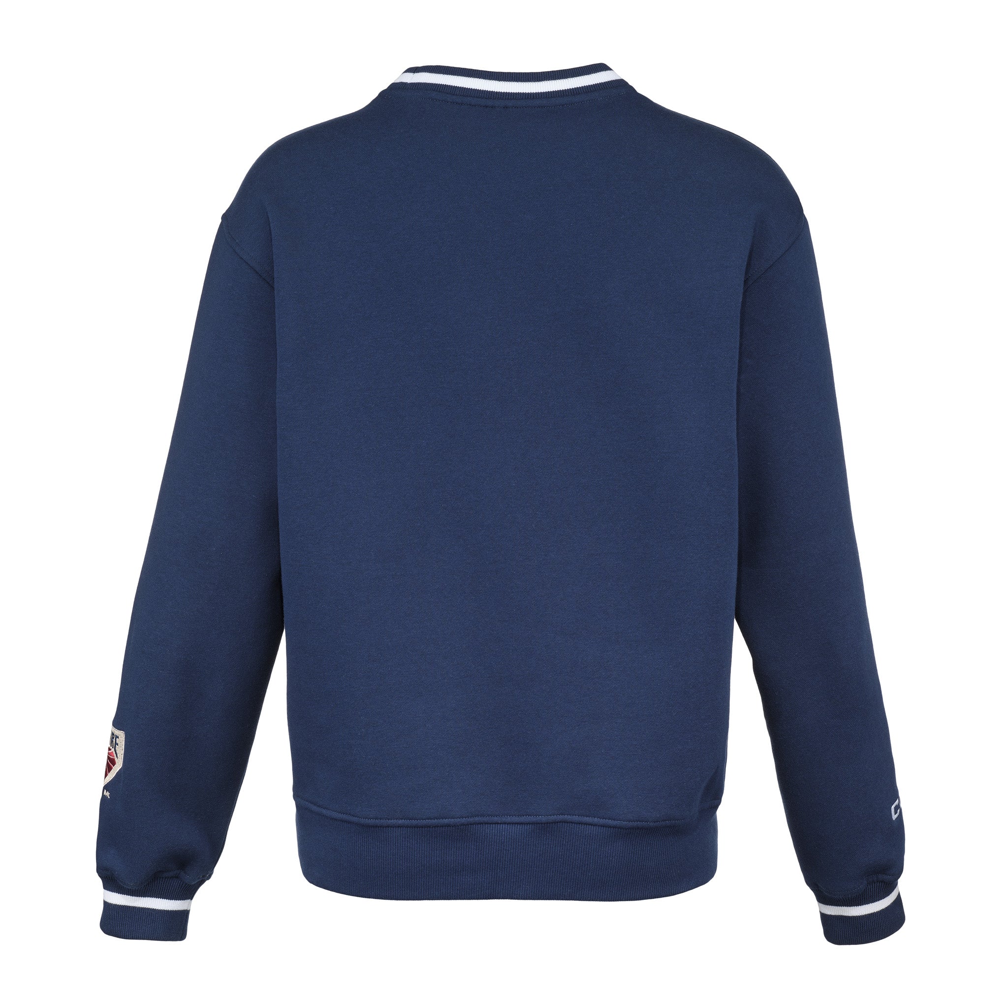 Blue sweatshirt with white trim on a white background