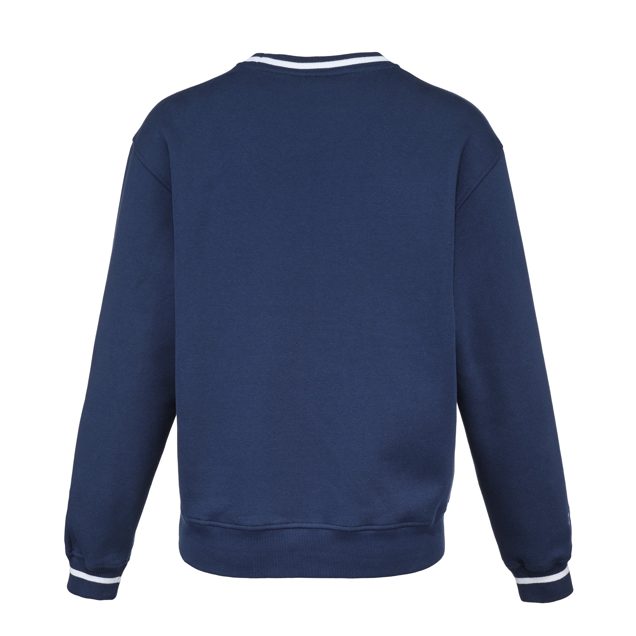 Navy blue sweatshirt with white trim on a white background