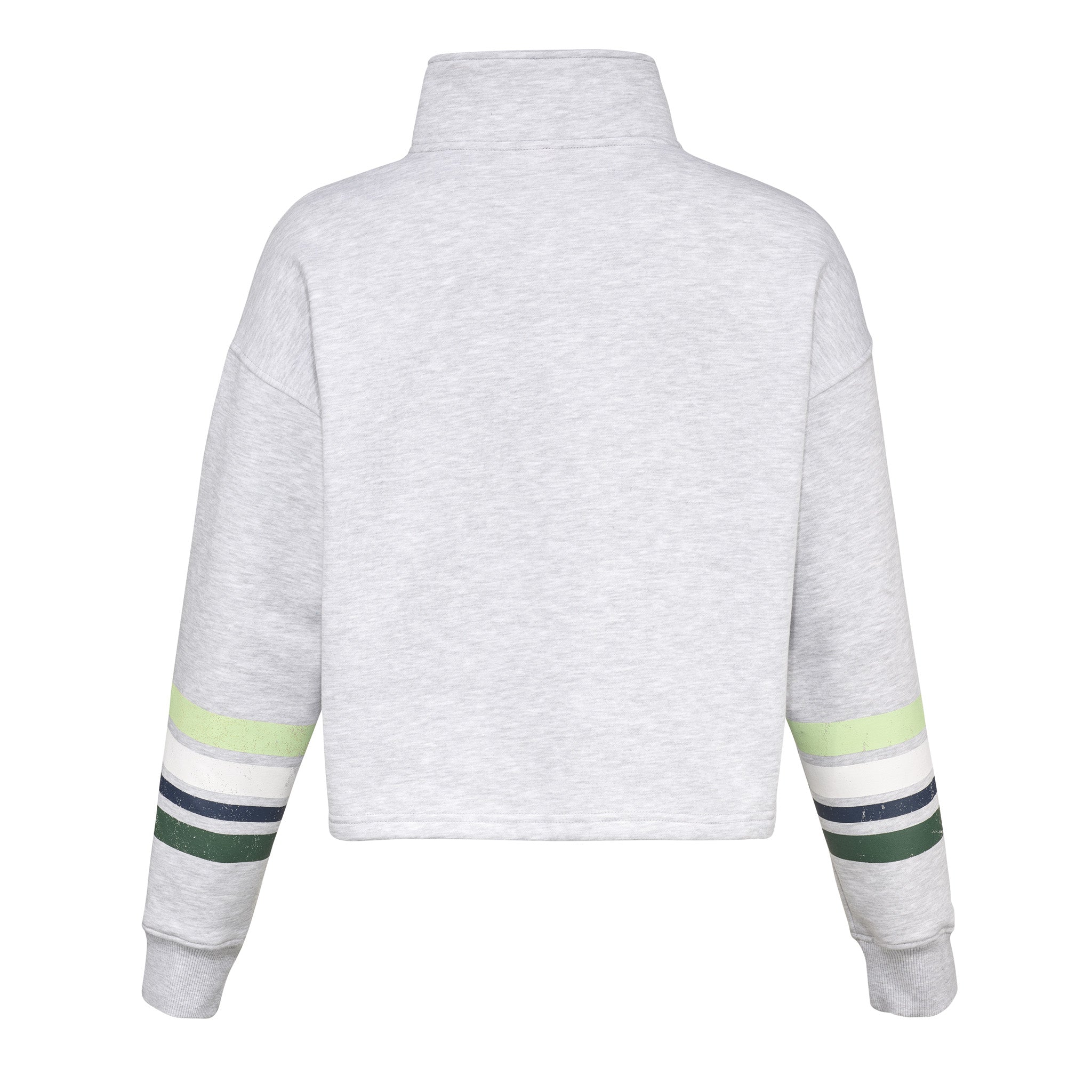 Gray sweatshirt with green and white striped sleeves on a white background