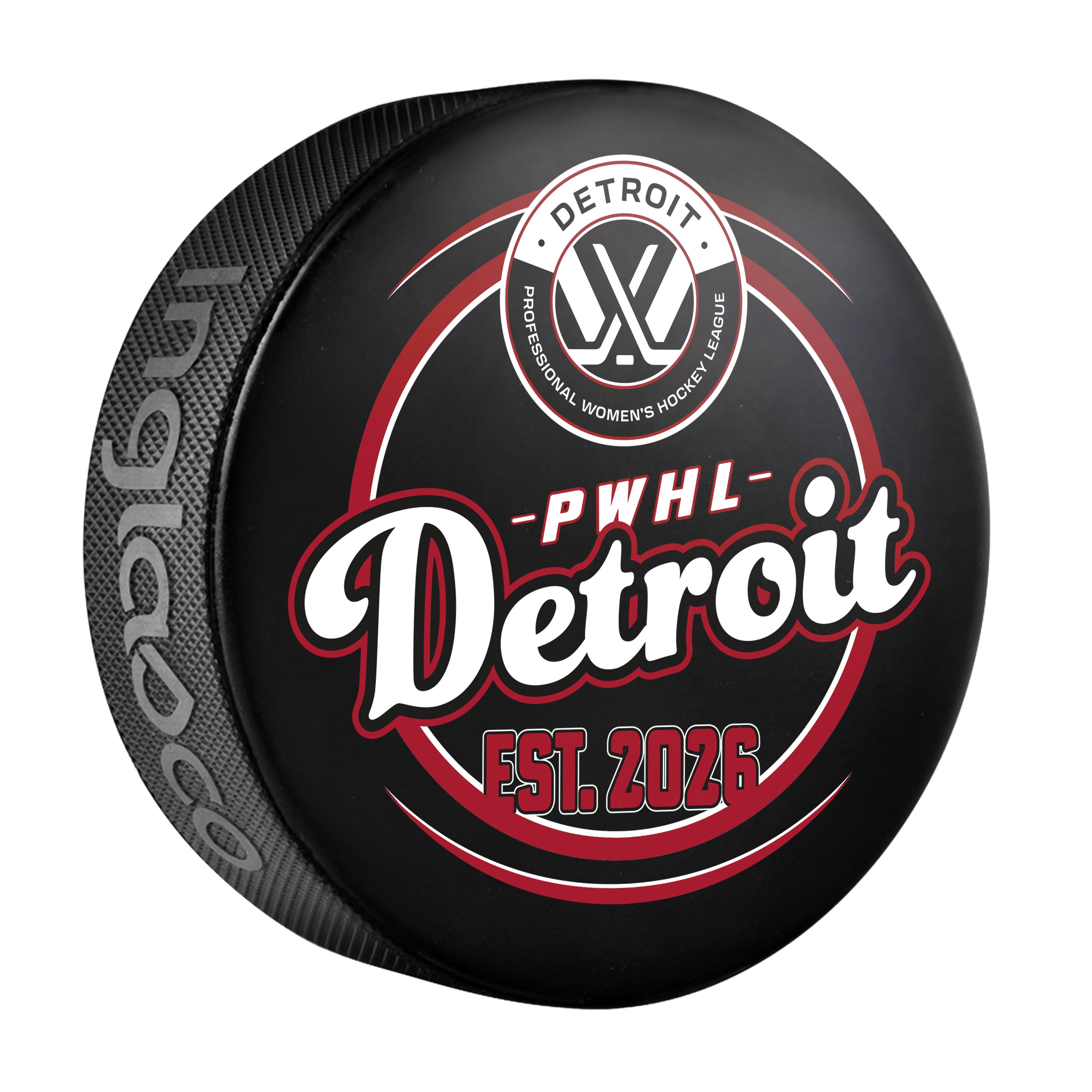 Hockey puck with Detroit PWHL branding on a white background