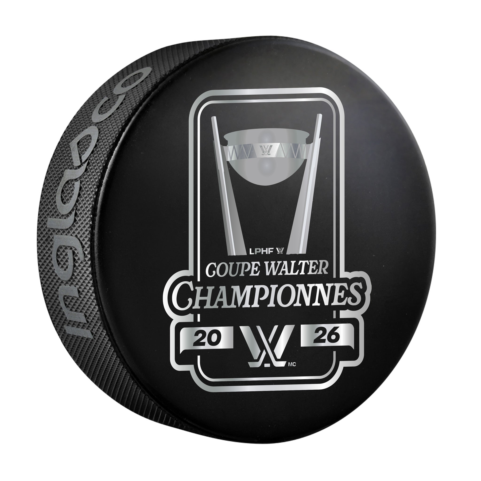 Black hockey puck with white text and logo on a white background