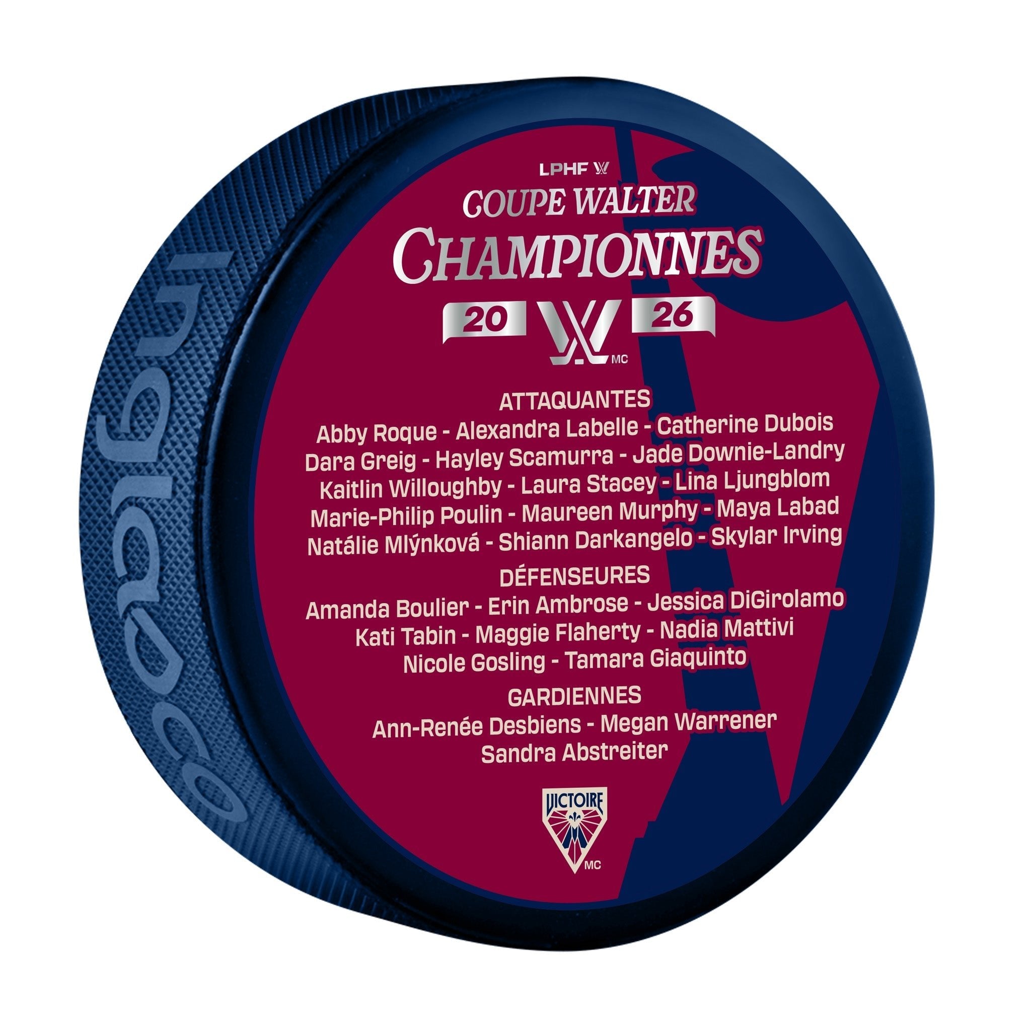 Hockey puck with player names on a red and blue background