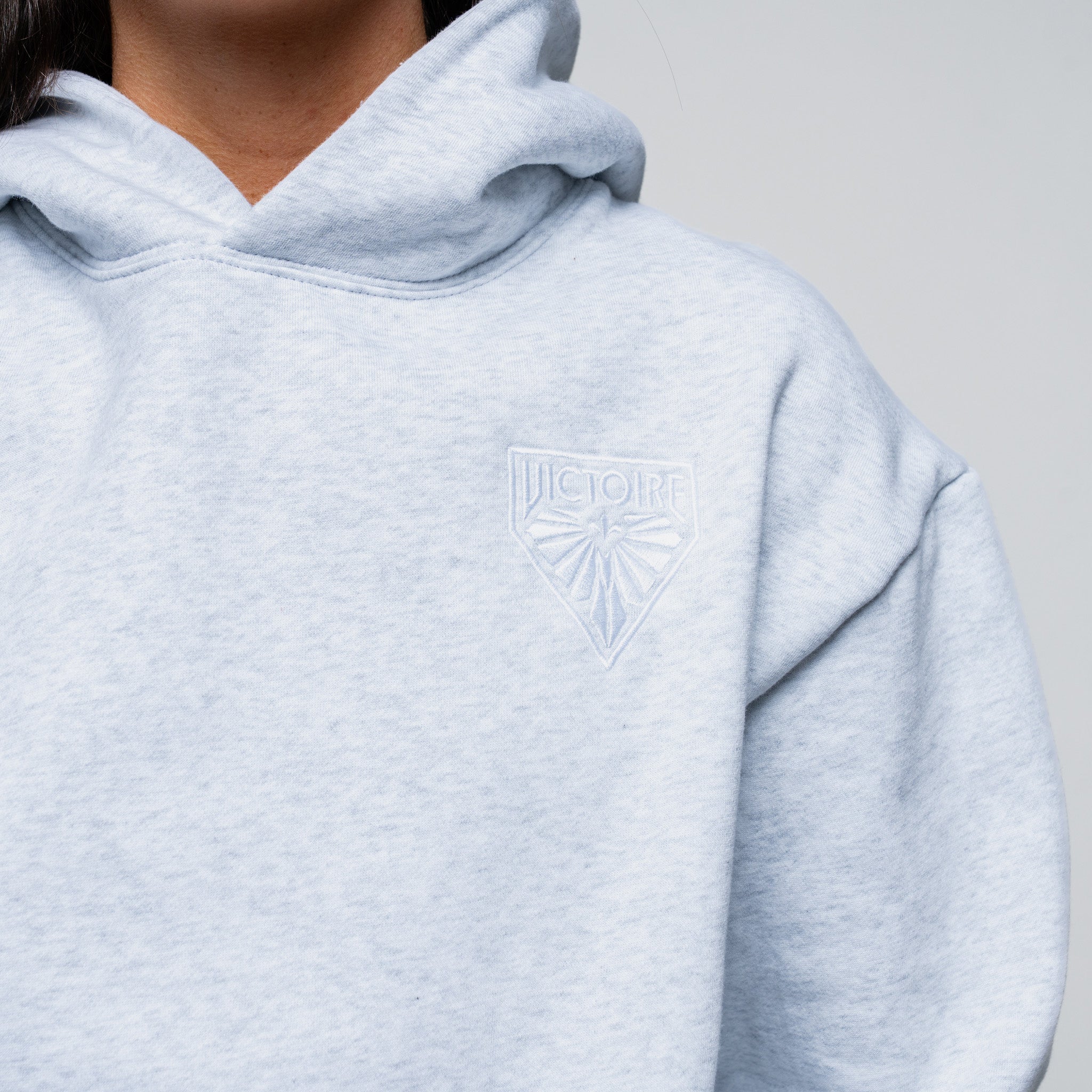 Light grey hoodie with a logo on the chest against a neutral background