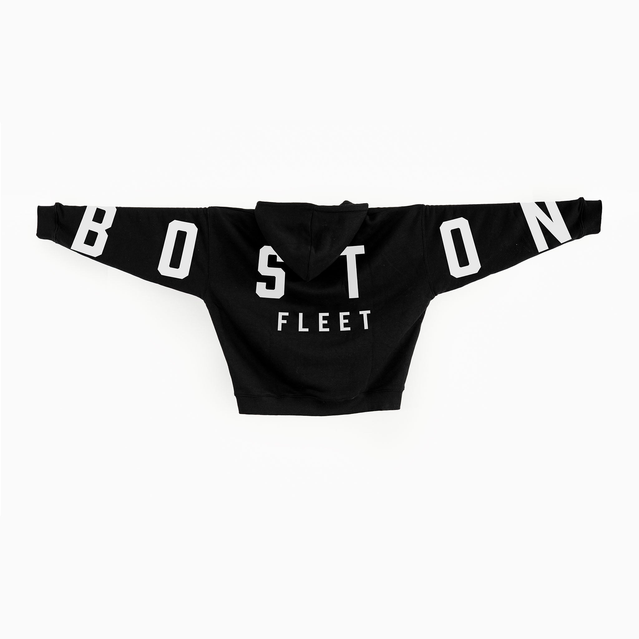 Black hoodie with 'BOSTON FLEET' text on a white background