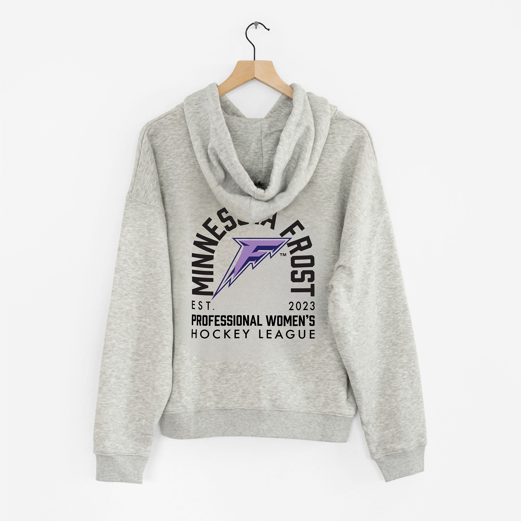 Minnesota Frost graphic design on the back of a grey zip-up hoodie