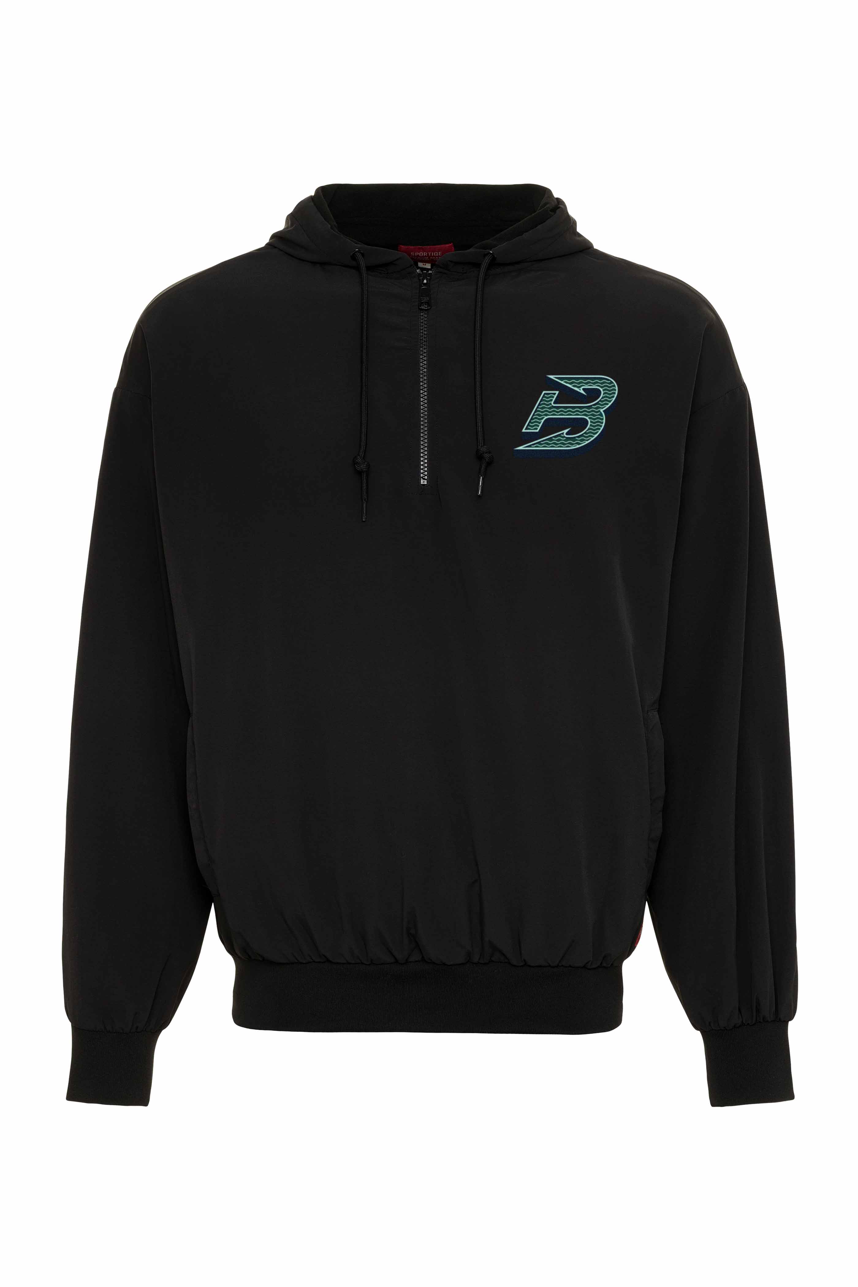 Black hoodie with a logo on the chest against a white background