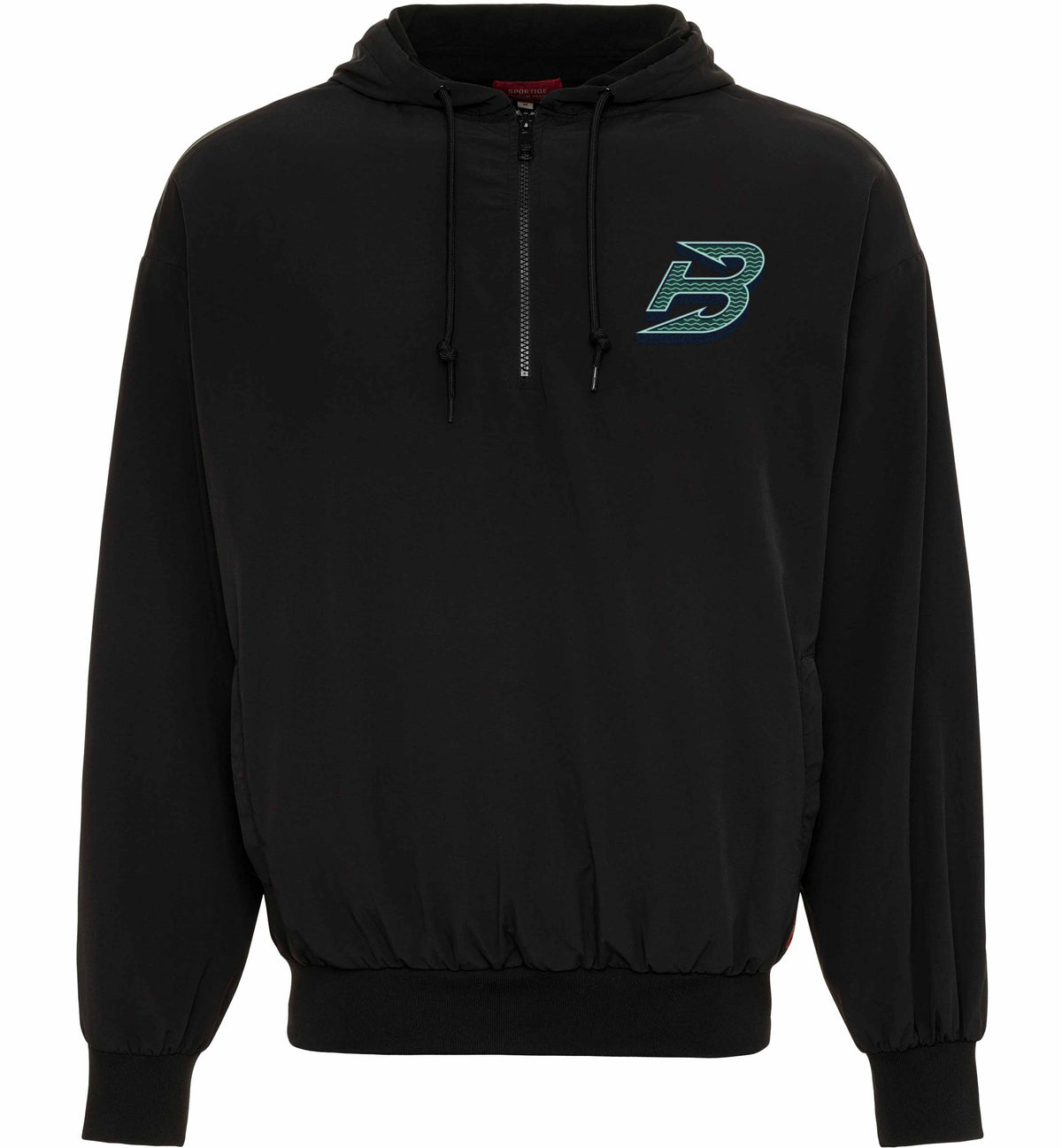 Black hoodie with a logo on the chest against a white background