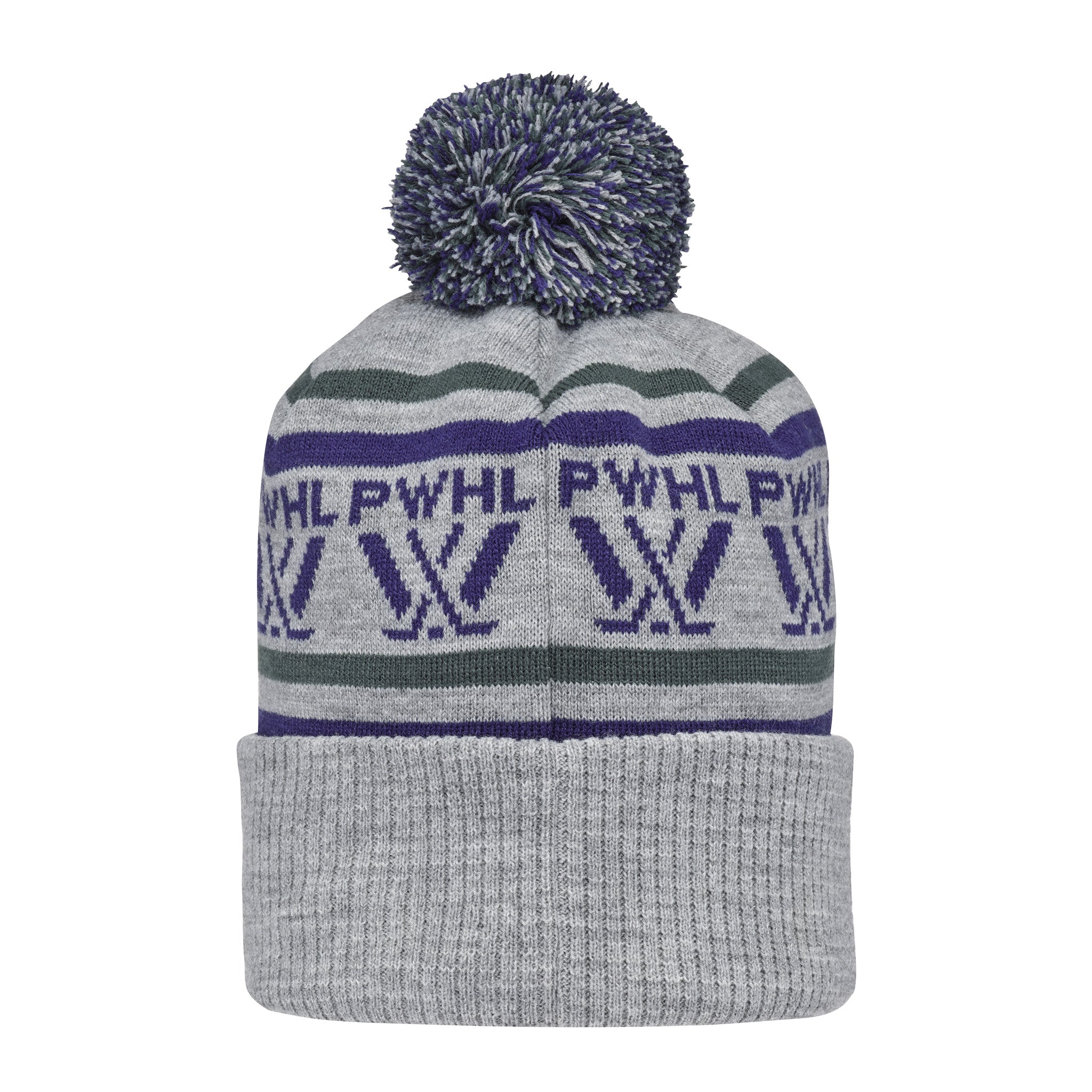 Gray knit beanie with purple and green patterns on a white background