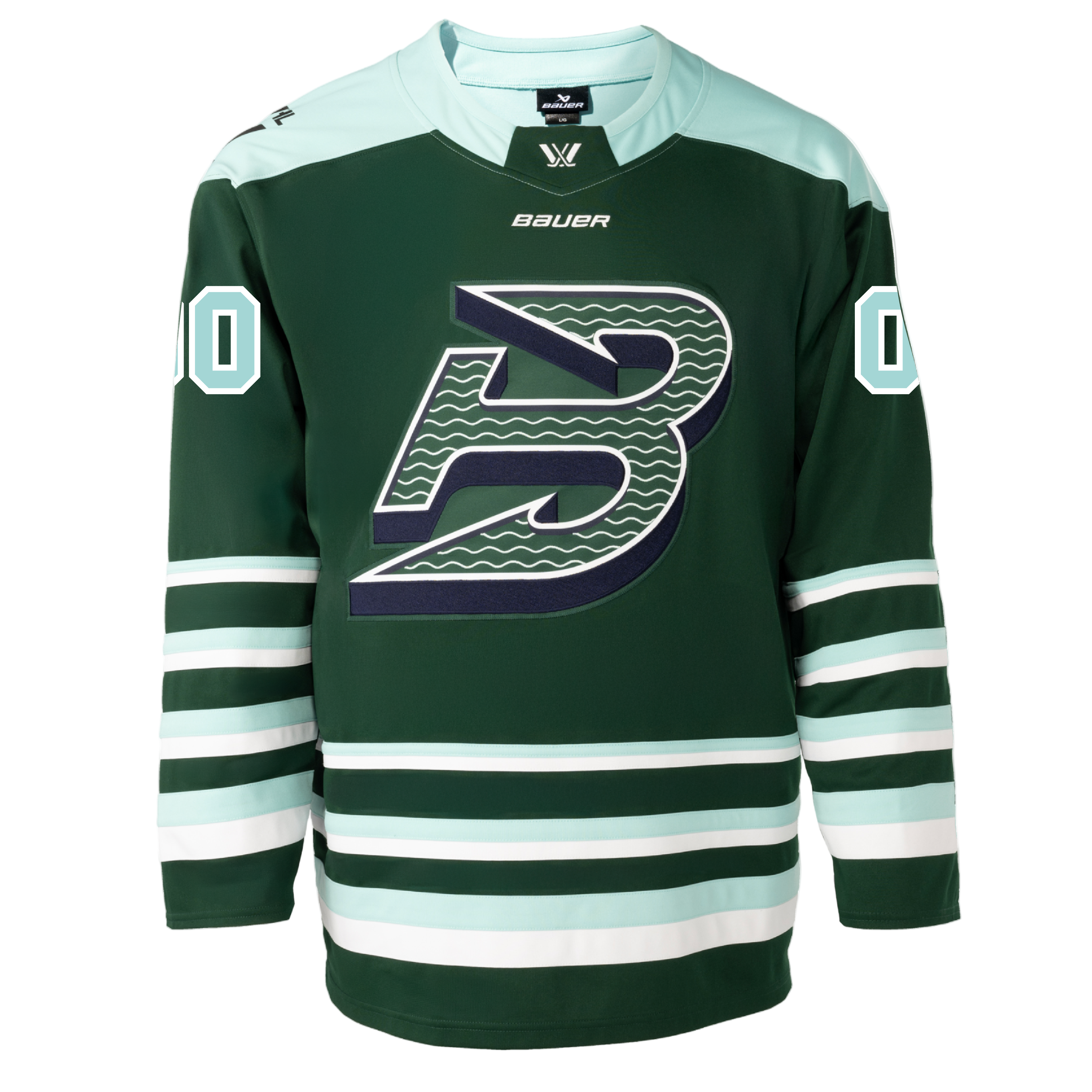 Green hockey jersey with a large 'B' logo on a white background