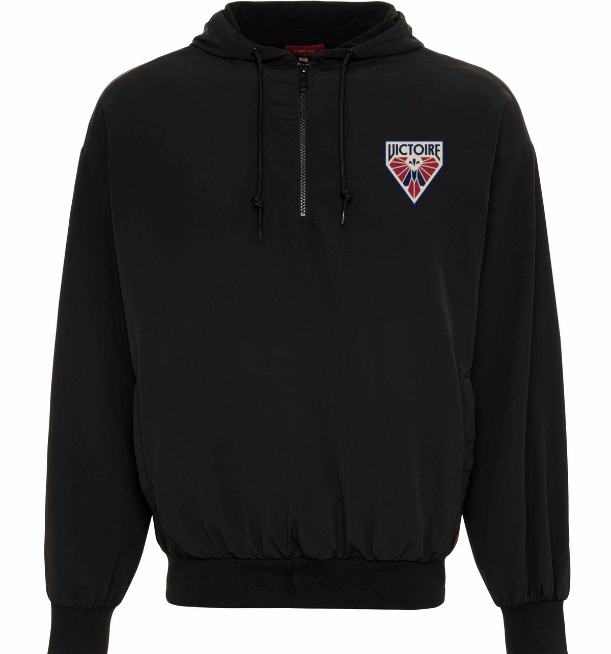 Black hoodie with a logo on the chest against a white background