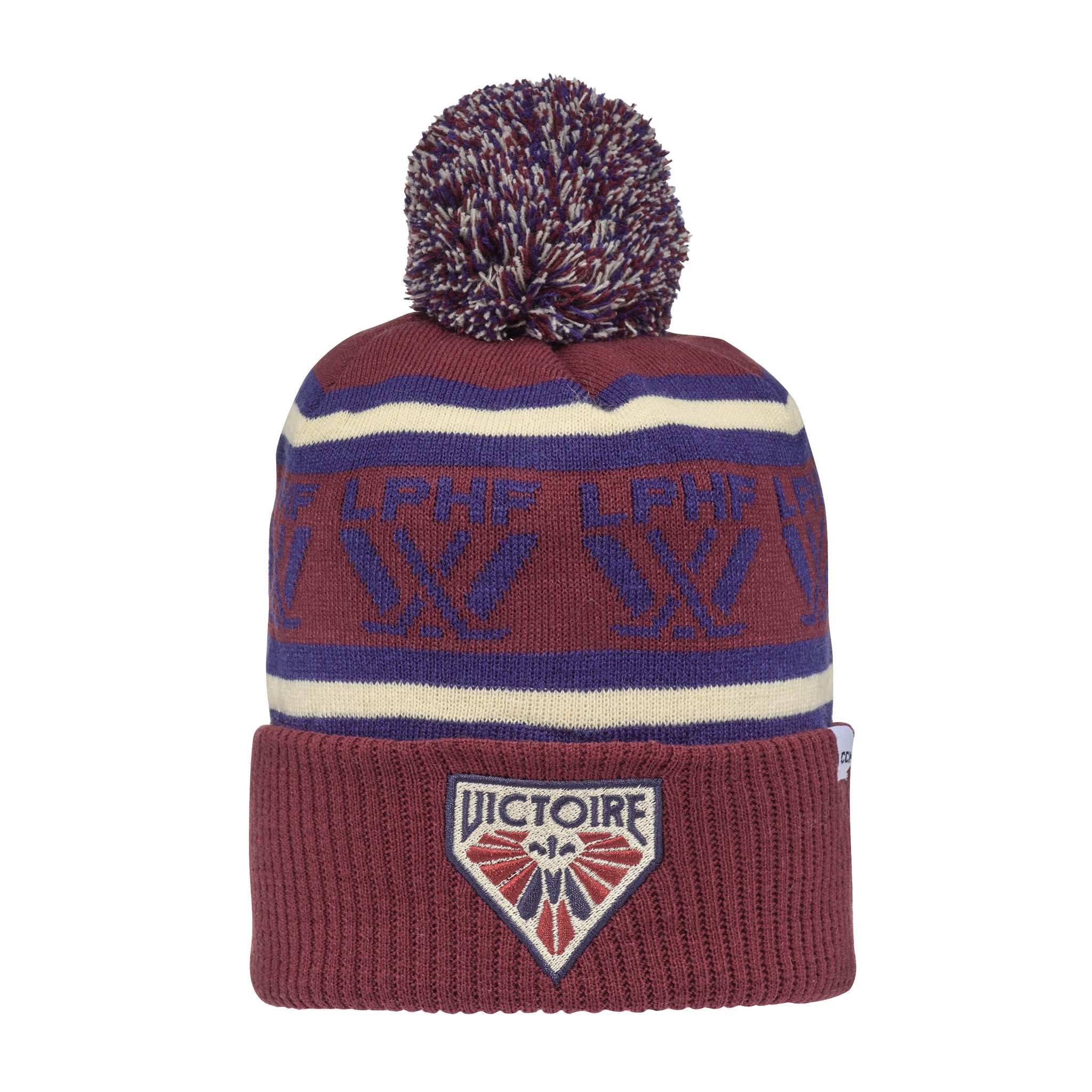 Knitted beanie with pom-pom and embroidered logo on a white background