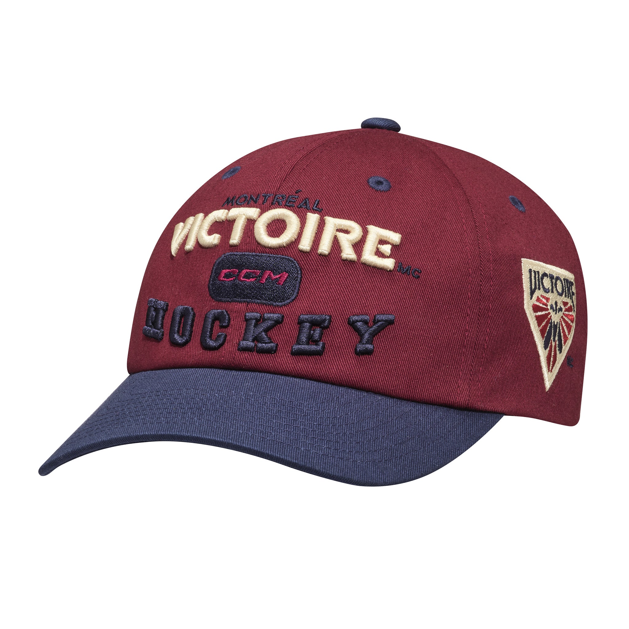 Maroon and navy hockey cap with 'Victoire' branding on a white background