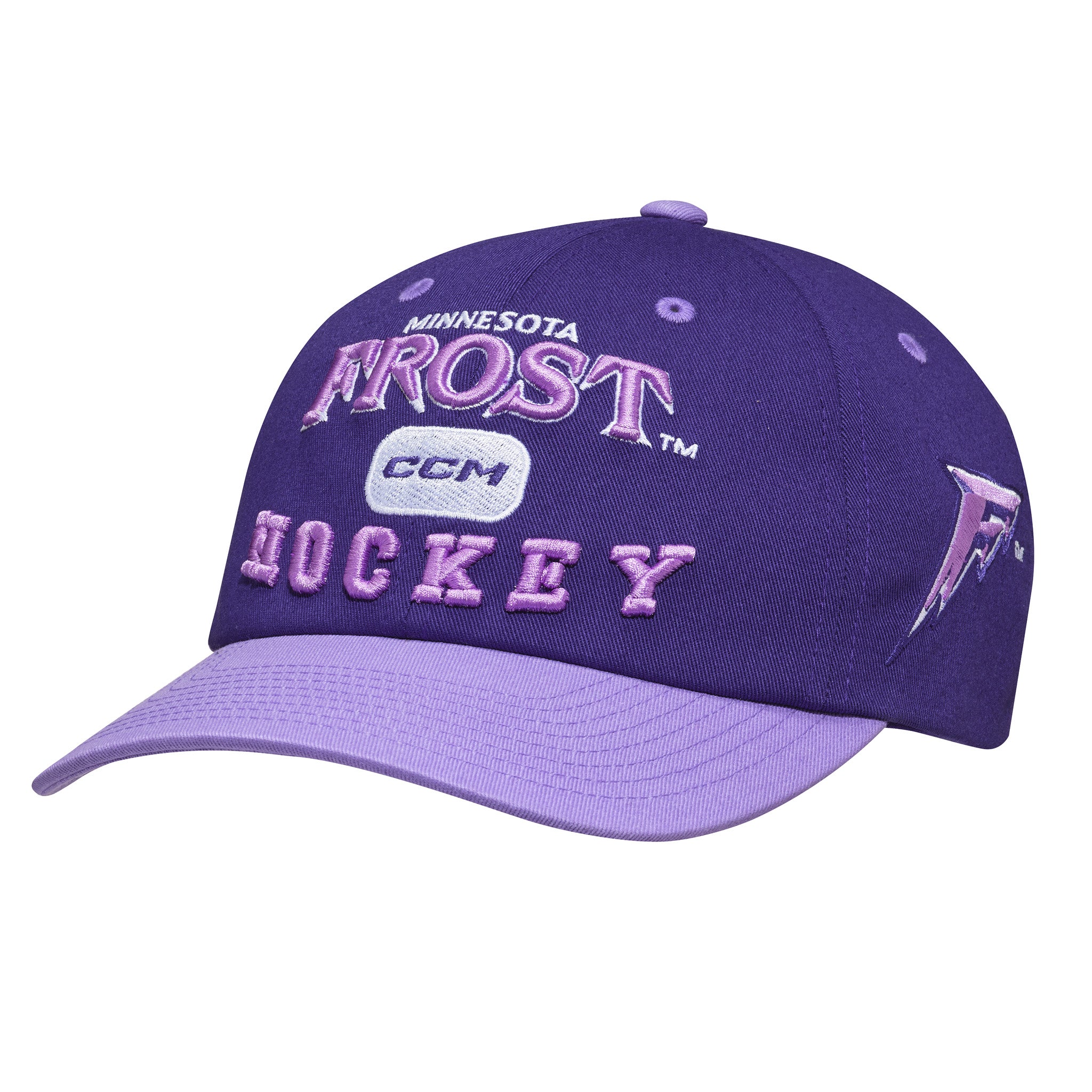 Purple and pink hockey cap with 'Minnesota Frost' and 'CCM' branding on a white background