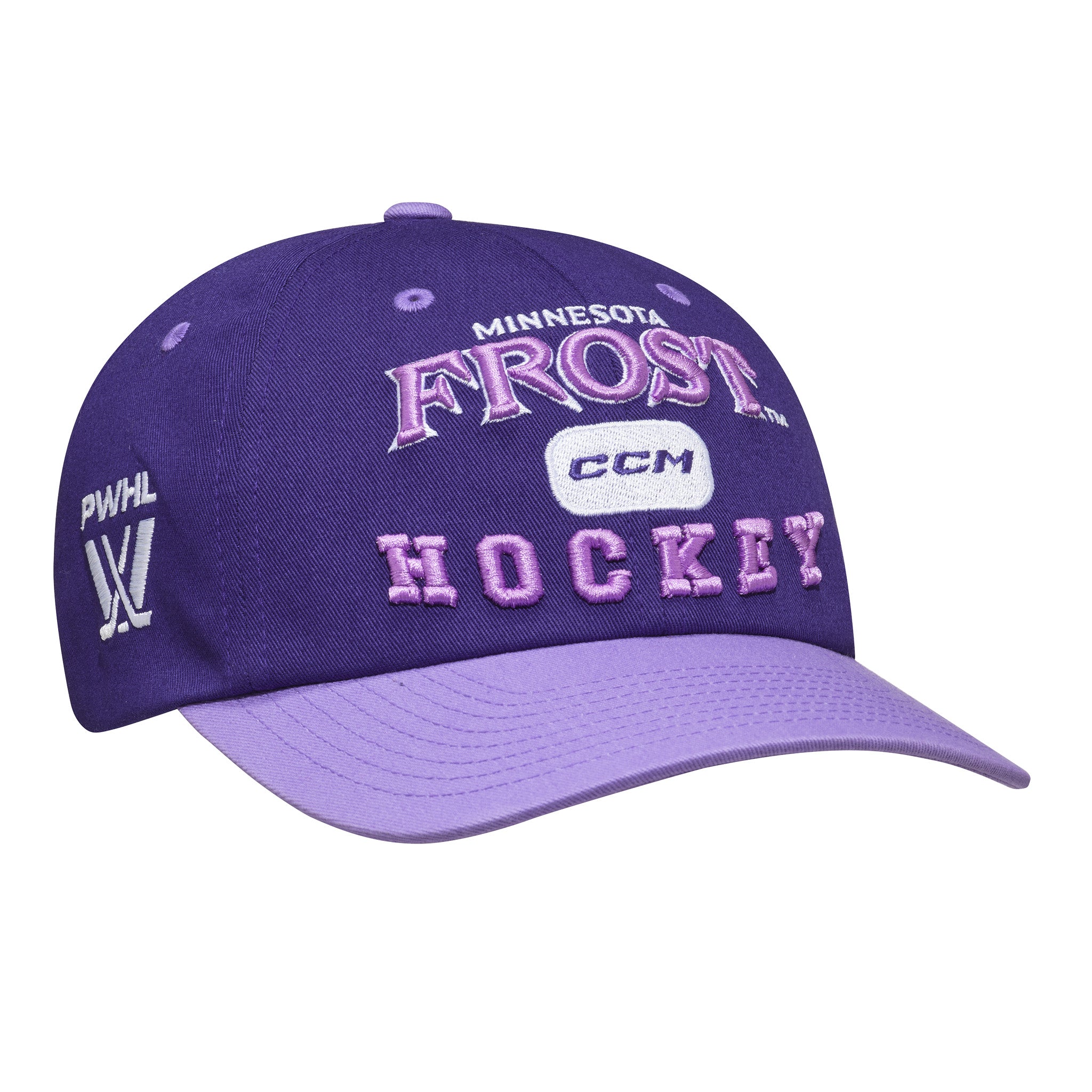 Purple cap with pink text and logos on a white background