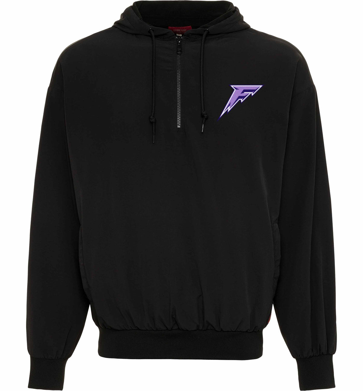 Black hoodie with a purple logo on a white background