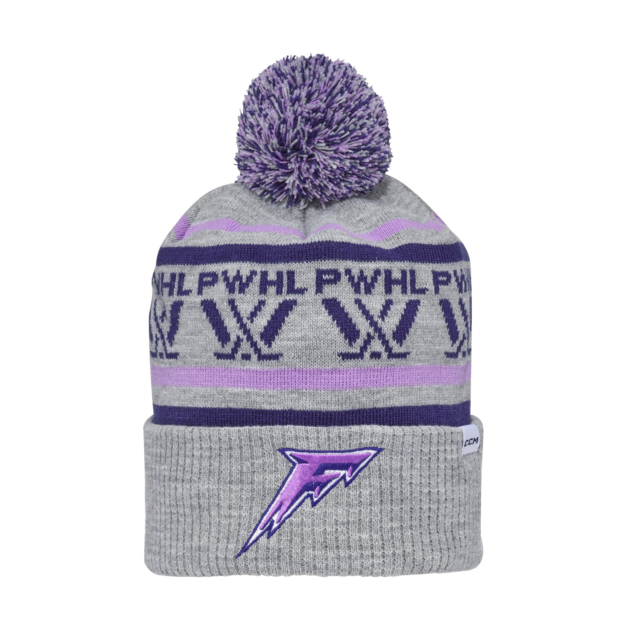 Gray beanie with purple pom-pom, patterns, and logo on a white background