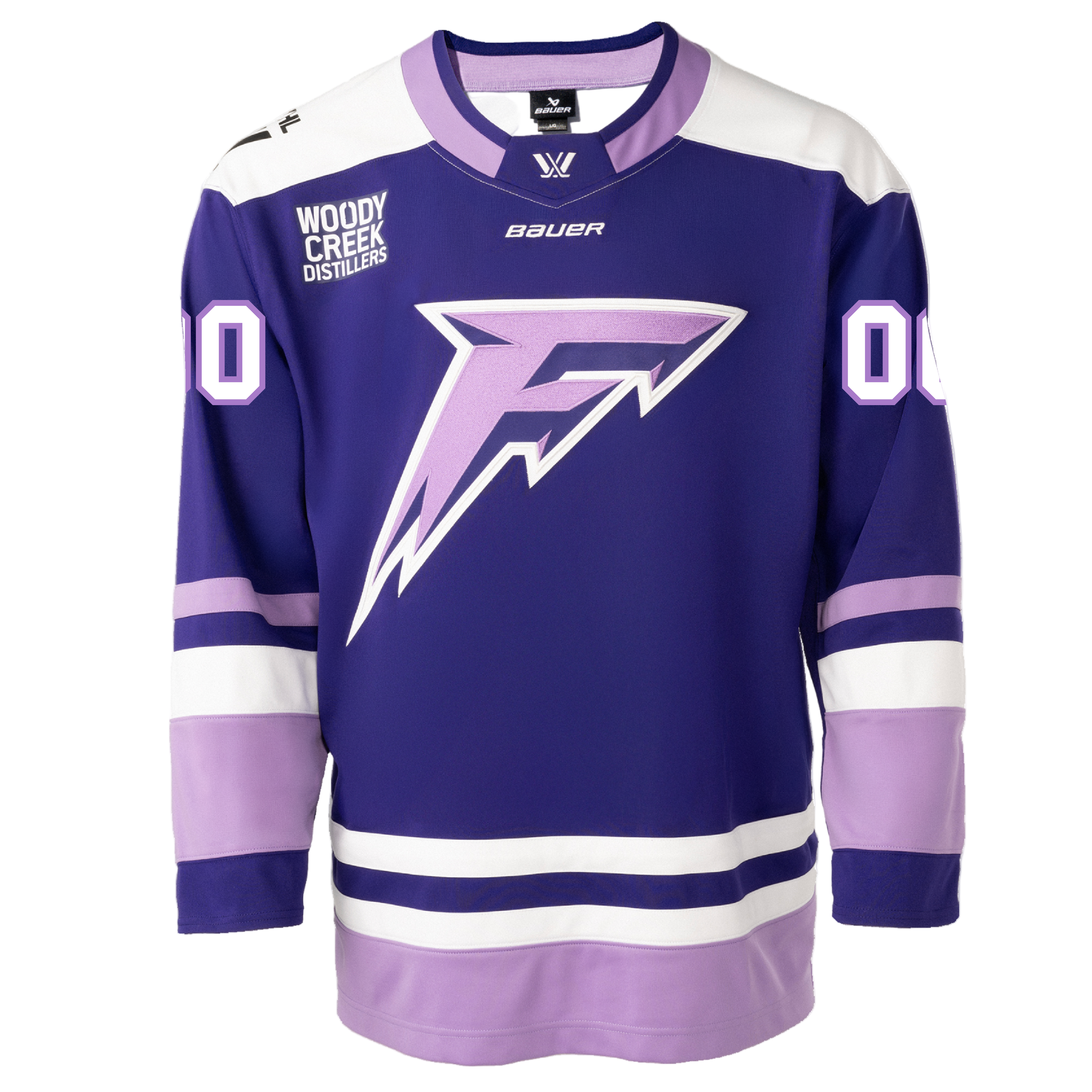 Purple hockey jersey with white and pink accents featuring a logo and text on a white background