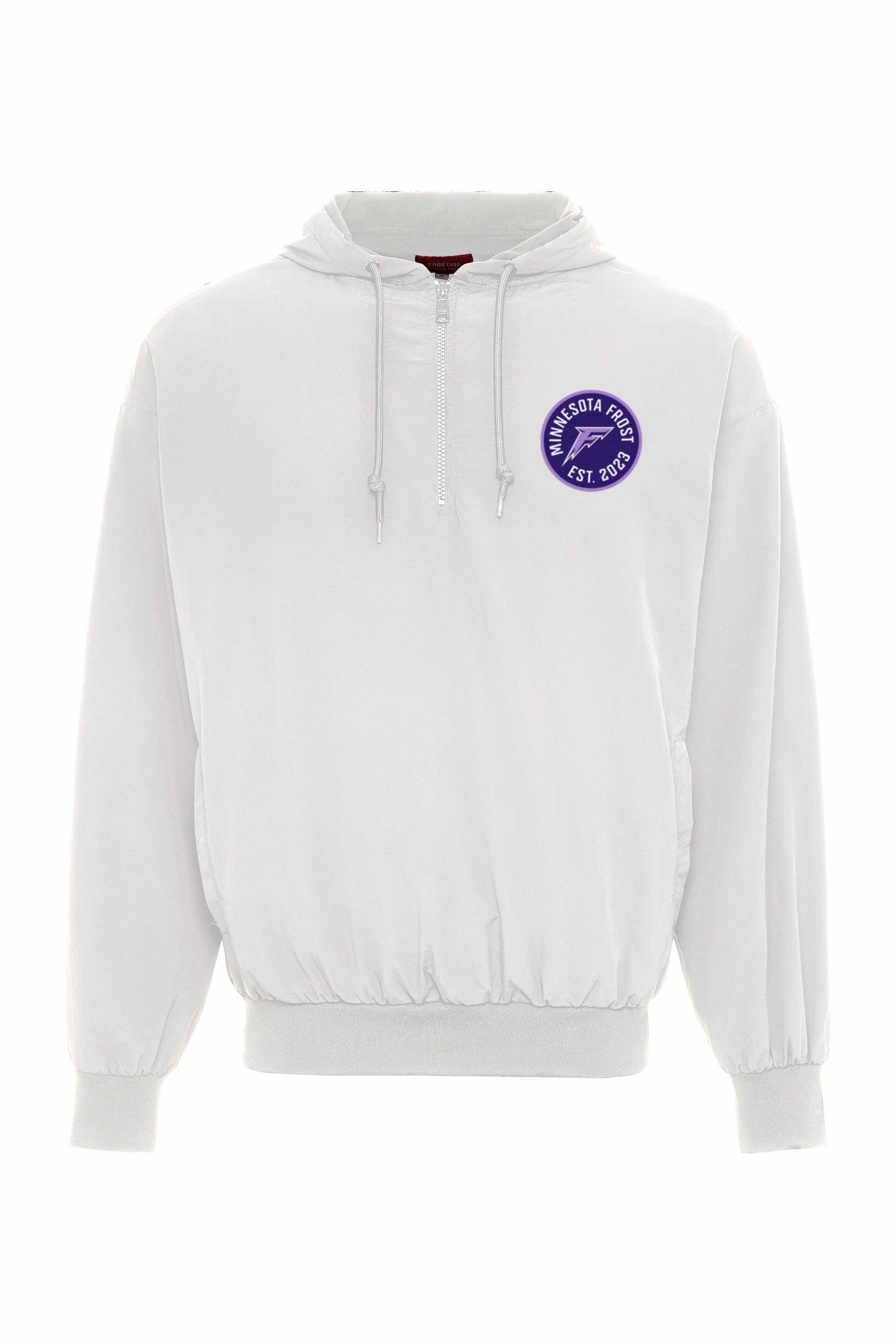 White hoodie with a purple logo on a white background