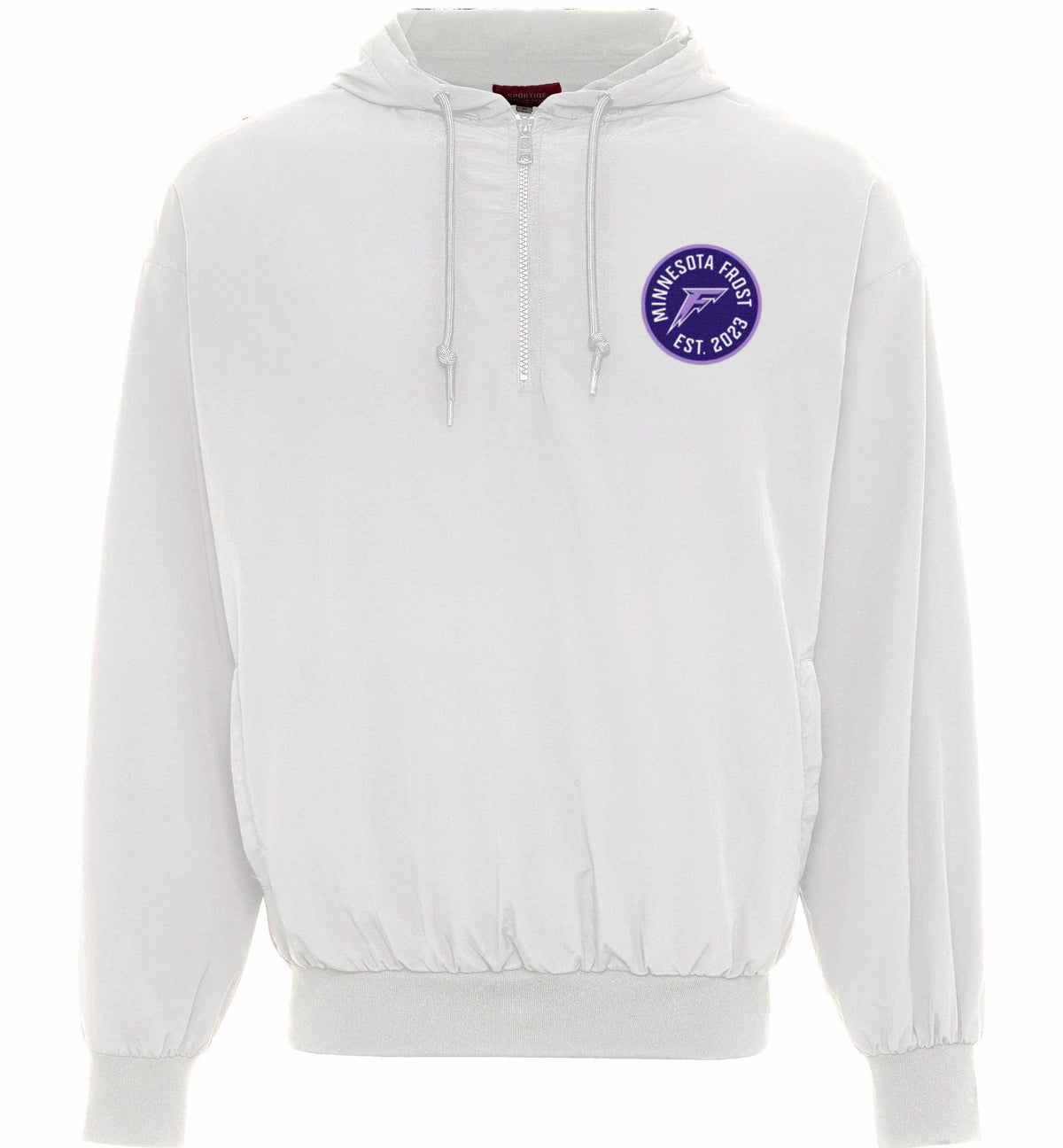 White hoodie with a purple logo on a white background
