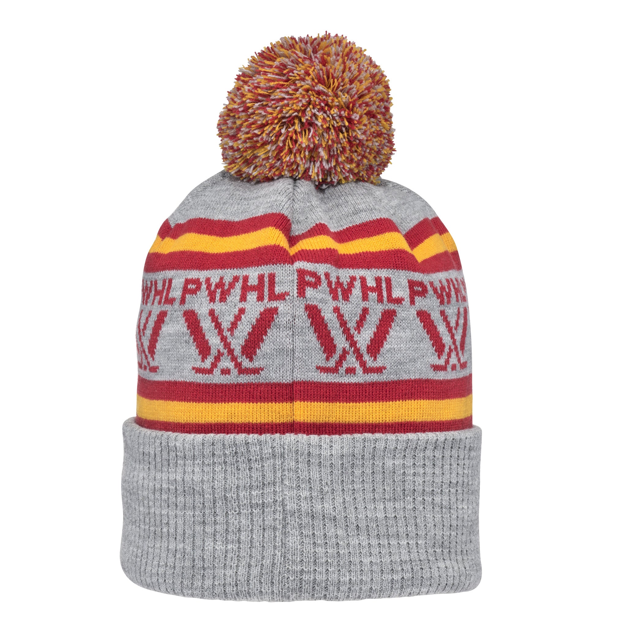 Gray knit beanie with red and yellow patterns and a multicolored pom-pom on a white background