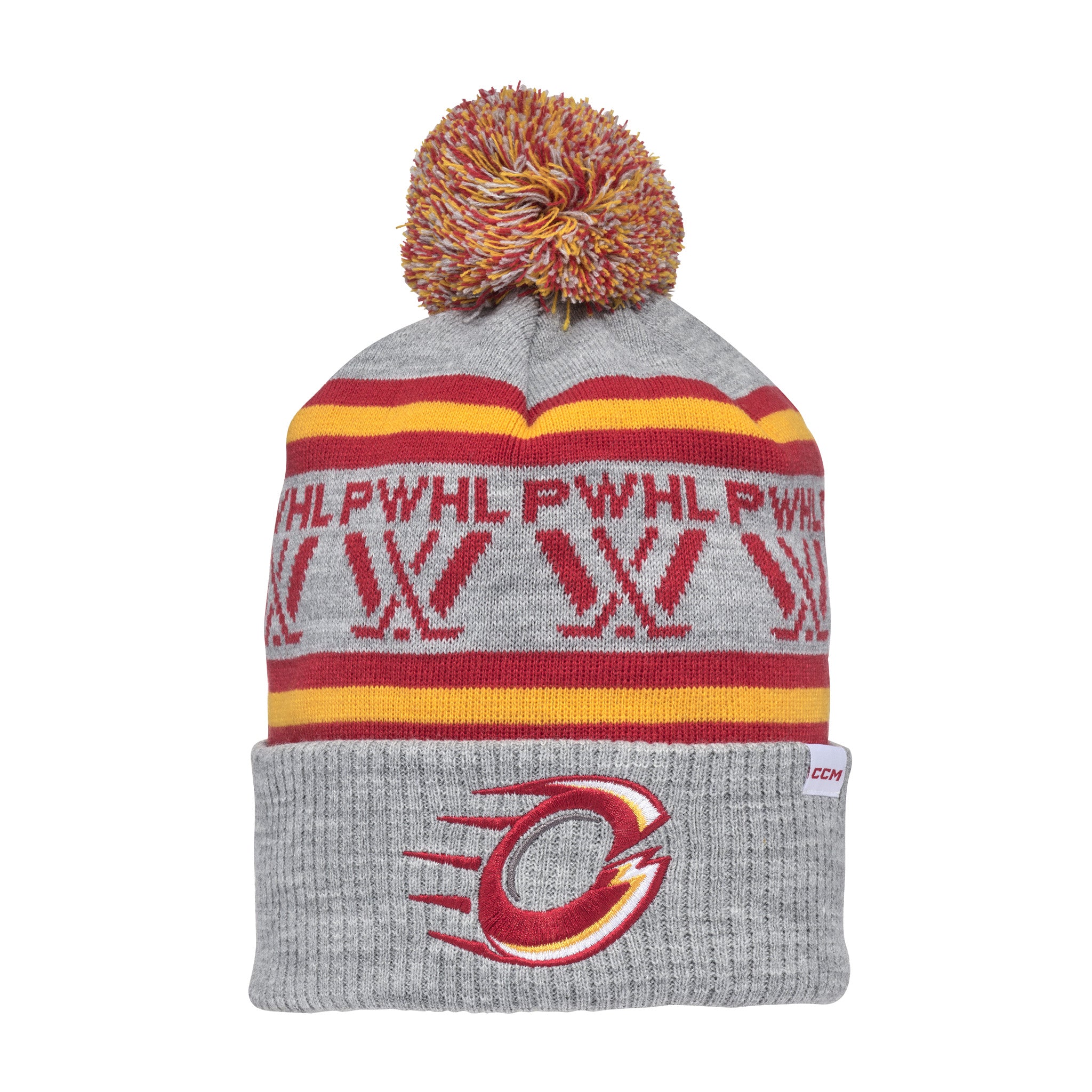 Gray knit beanie with red and yellow patterns and a pom-pom on a white background