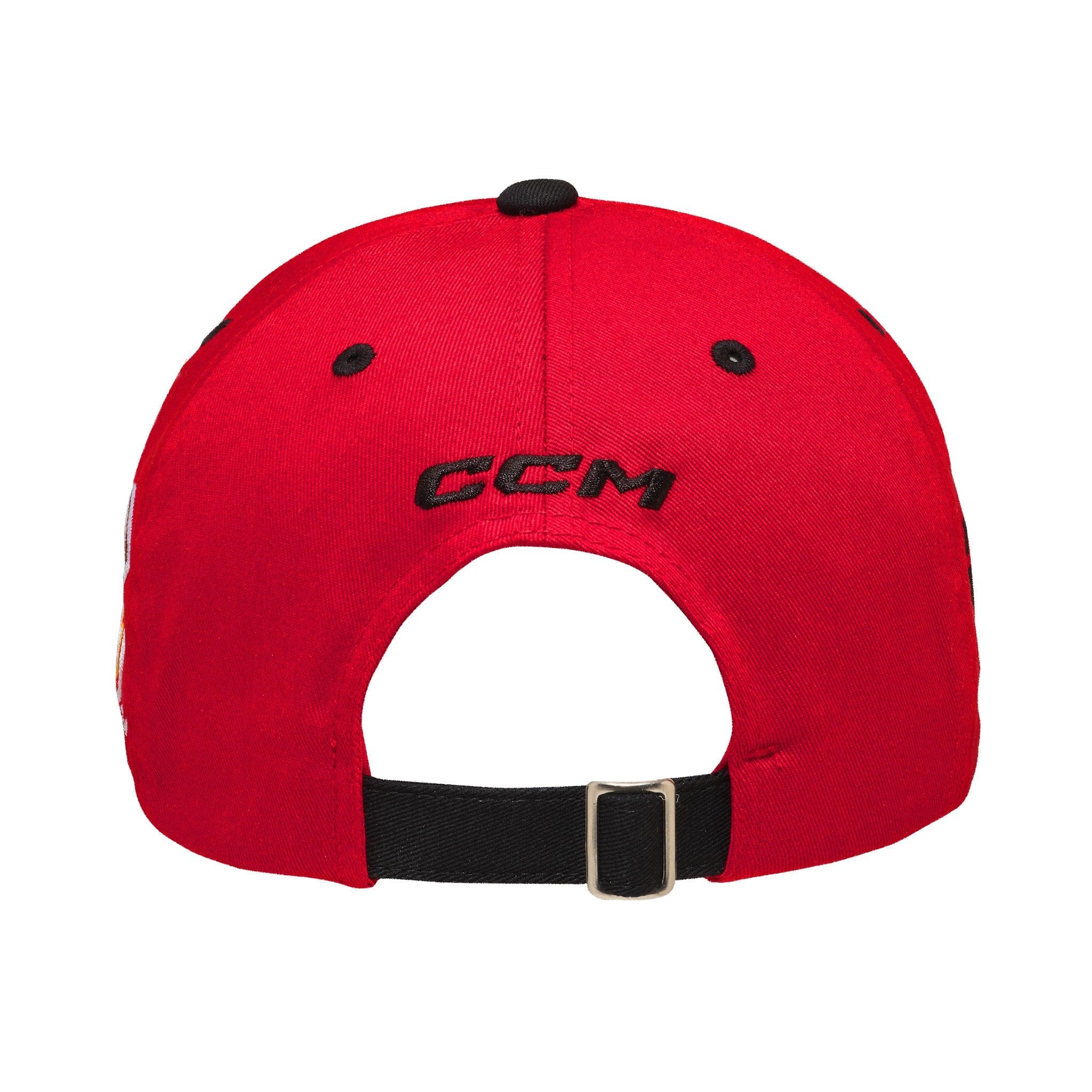 Red cap with black strap and 'CCM' logo on a white background