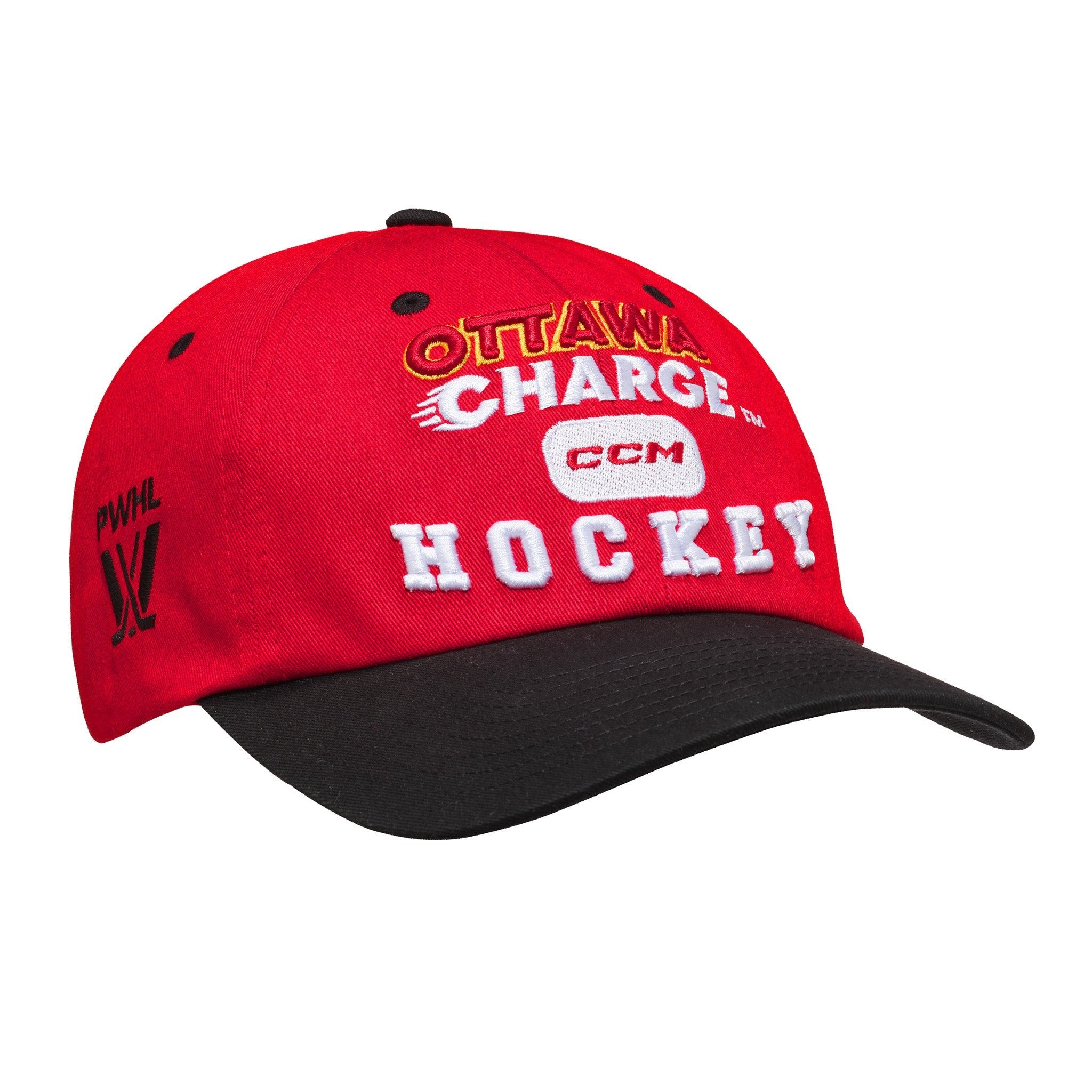 Red and black hockey cap with 'Ottawa Charge Hockey' text on a white background
