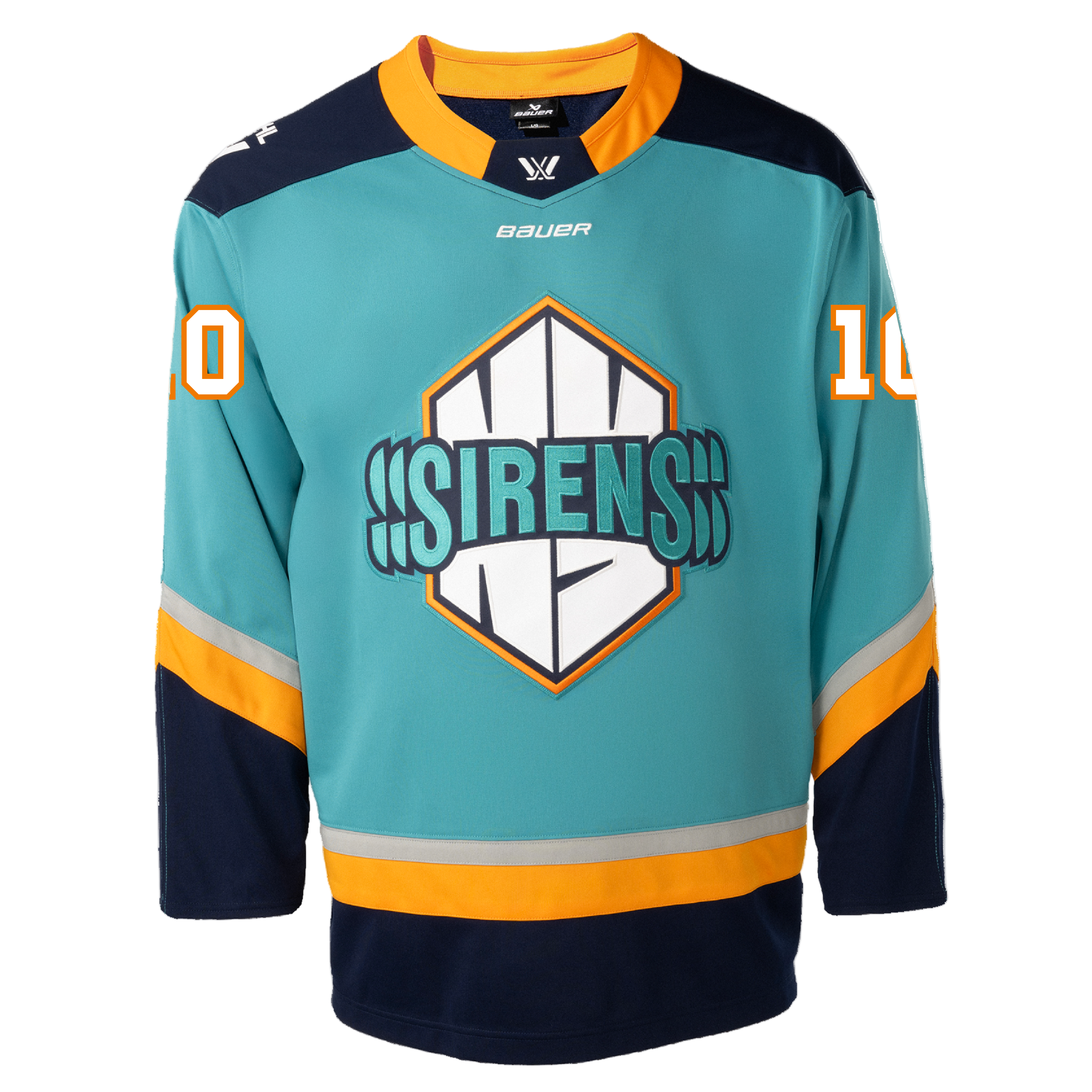 Teal hockey jersey with 'Sirens' logo and number '10', brand 'Bauer' visible