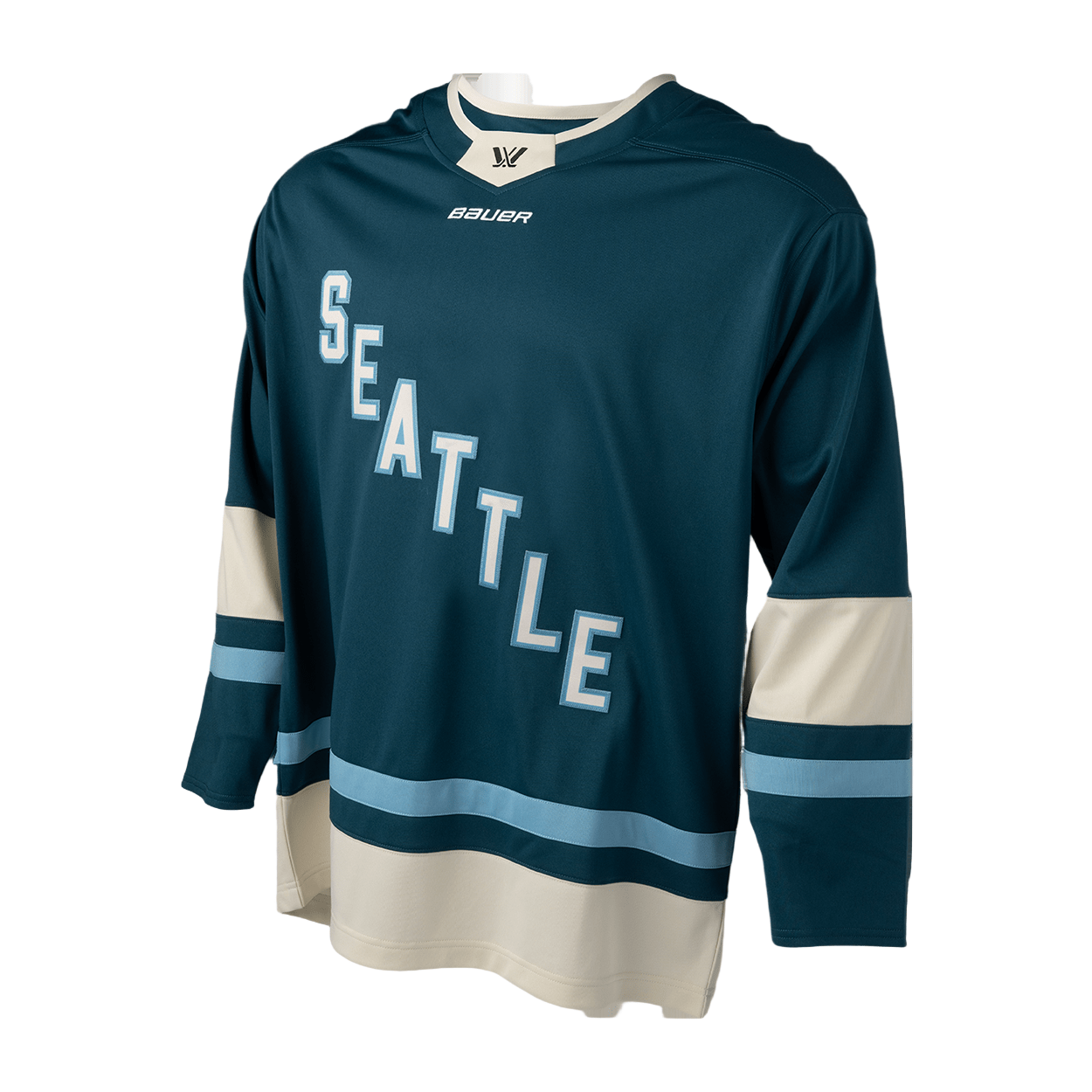 Teal hockey jersey with 'Seattle' text on a white background